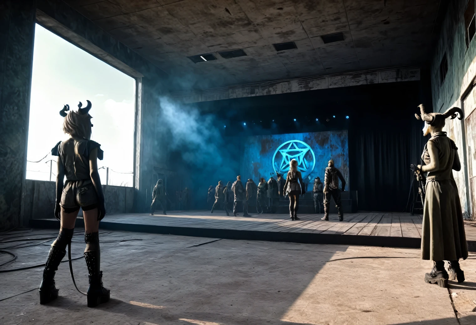 Idol Stage, Idol Stage Art, post-apocalyptic style, based on the game Stalker Call of Pripyat, stalkers on Idol Stage, mutants as spectators, surrealism