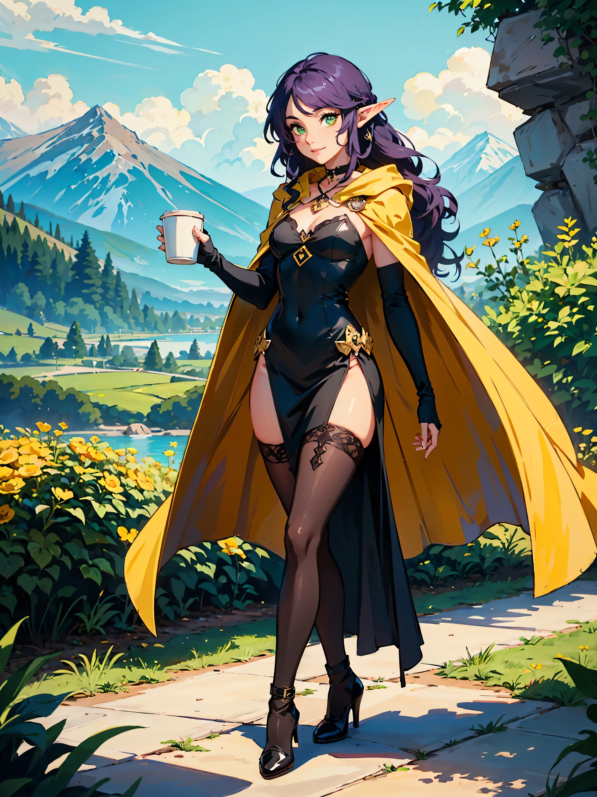 masterpiece, high quality, (1_woman), (full body), (exotic skin_complexion), mature, walking, talking, smiling, beautiful, exotic, with long elf ears, (((looking away from the camera))), (((eyes looking away from viewer))), ((holding cup of coffee)), wearing (((yellow))) hooded cape), hood down, (((yellow cape))), broach, black choker, (thigh highs) with purple embroidery, long fingerless leather gloves, ((small breast)), chest window, black sleeveless dress, hip high slit dress, (bright purple hair), long hair, ((wavy hair)), realistic and detailed face having diamond shaped eyes, (((green eyes)), dark_eyeliner, long_eyelashes), natural dynamic lighting casts detailed shadows, black thigh highs, knee high dark brown boots, in flower garden, mountains in the distance, sunny day,