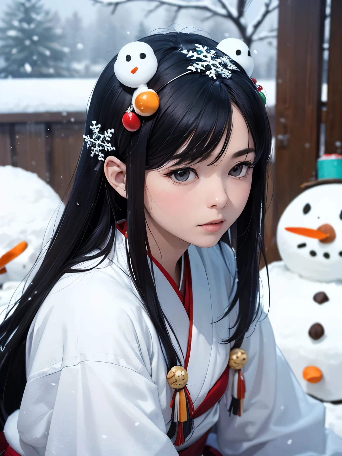 masterpiece, Realistic, highest quality, whole body, Black Super Long Hair, (((Beautiful Snow Woman)))), (Beautiful Snow Woman in Old Tales)))), (Japanese white kimono and white obi、Long red sleeves、Only the obi is hanging down, Face down、Looking up at the person squinting)), (((Black hair with snowflake hair accessories and snowman hair clips)), 20-year-old, (Plains in a blizzard)))), ( No headgear))), Realistic, Blur the background