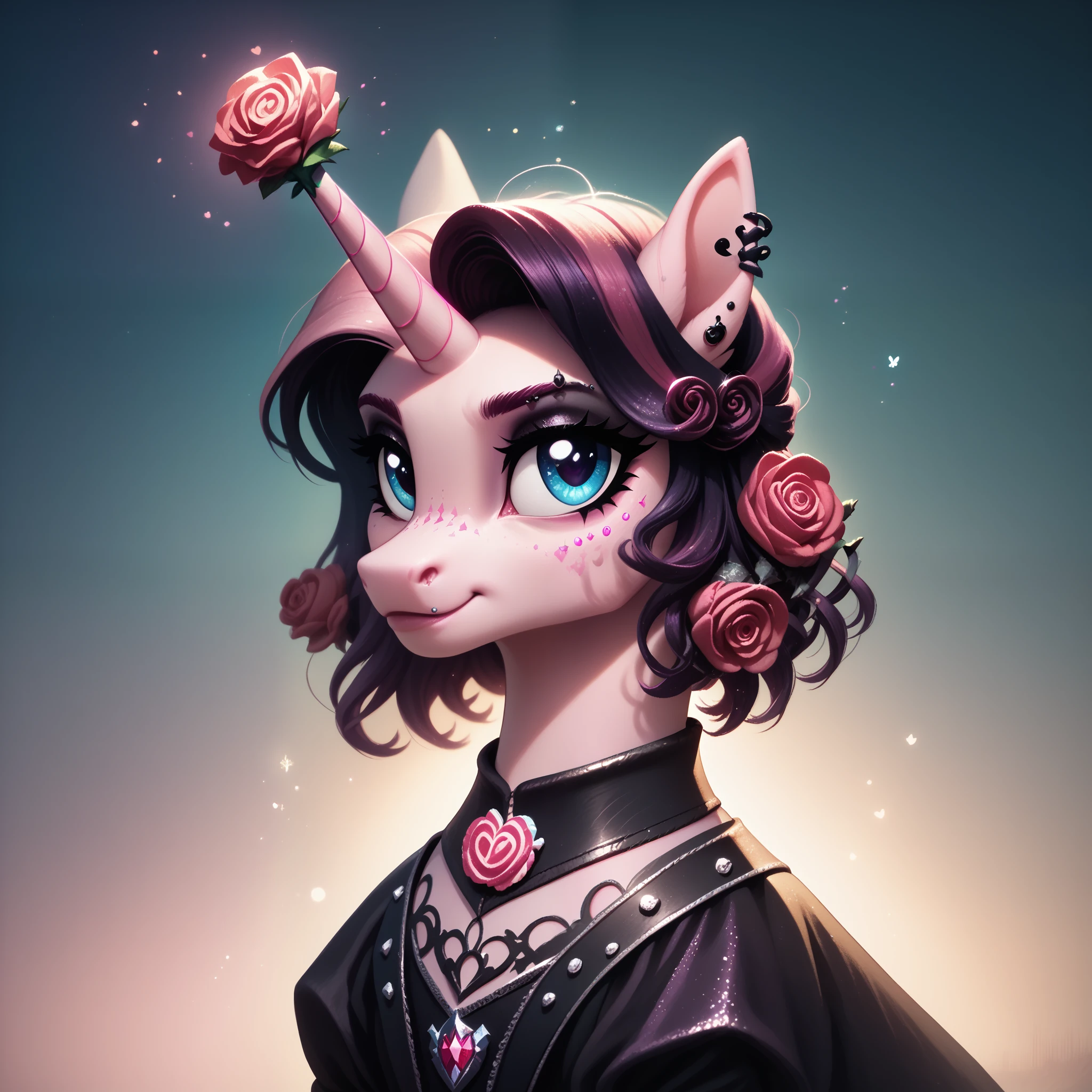  score_9,score_8_up,score_7_up,score_6_up, cute Rose unicorn, Goth fashion, glowing backlight, candy, pink scene, glitter, whimsical, enchanted, magical, fantasy art concept, intricate details, 