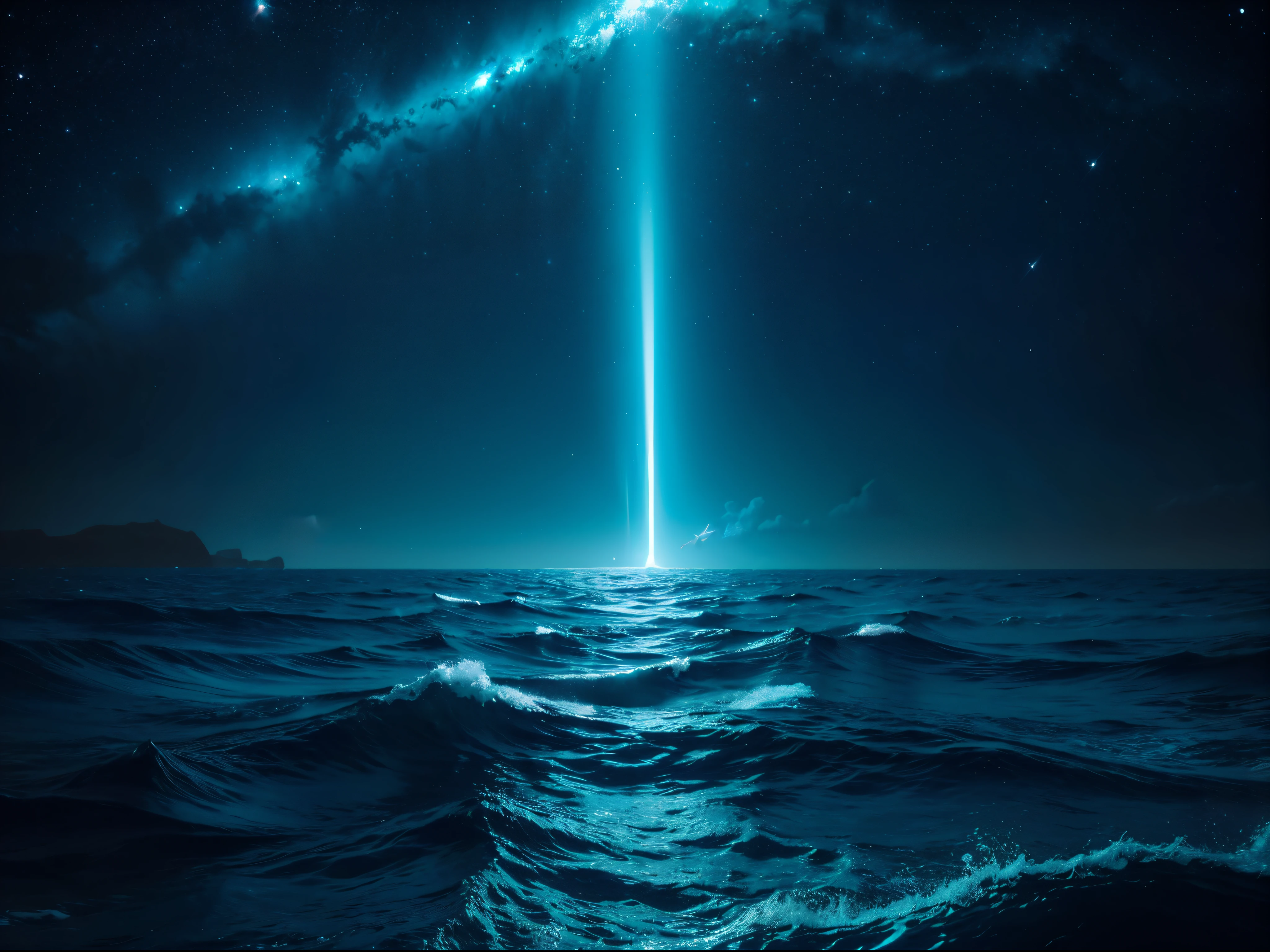Merge the depths of the ocean with the vastness of space. Create an underwater scene where marine life interacts with cosmic phenomena such as nebulas and distant galaxies. Emphasize the play of light and color in this surreal aquatic cosmos.