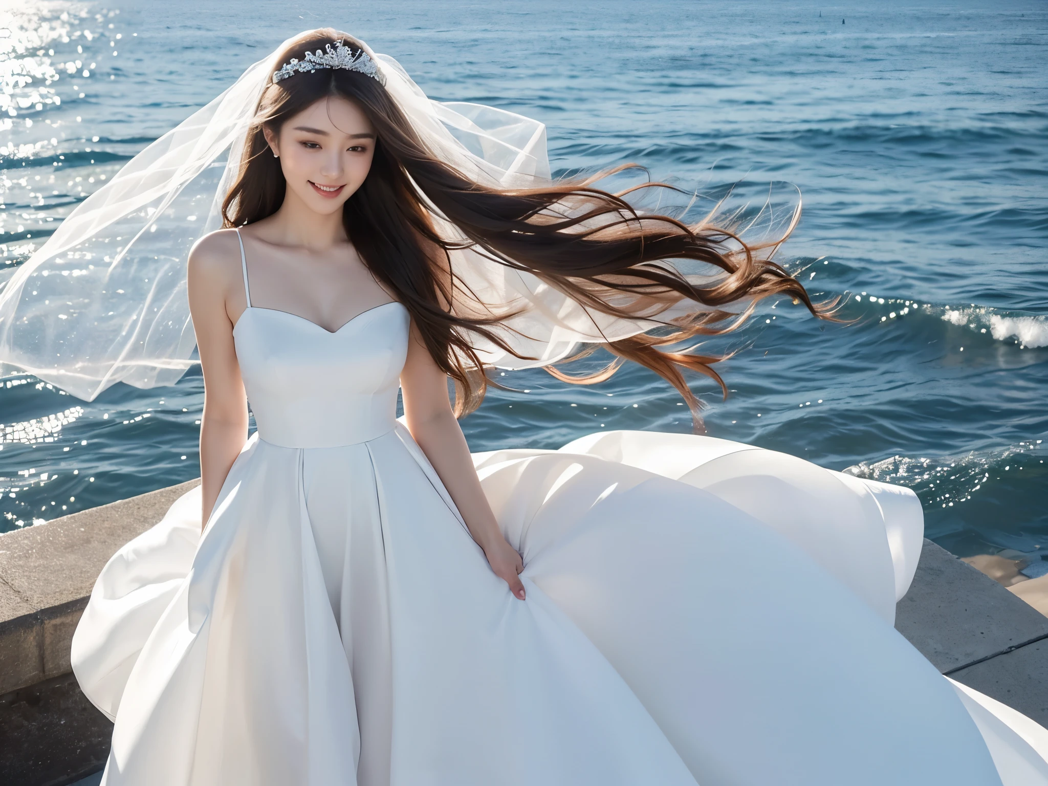 A woman with a beautiful and well-proportioned face 

hair waving in the wind 

(brown hair) 

calm smile 

G cup breasts 

wearing a wedding dress 

(white prom dress) 

(There's a white wedding veil on my head) 

There is a big and long bridge 

The blue sea spreads under the bridge 

a car is passing 

japanese woman 

