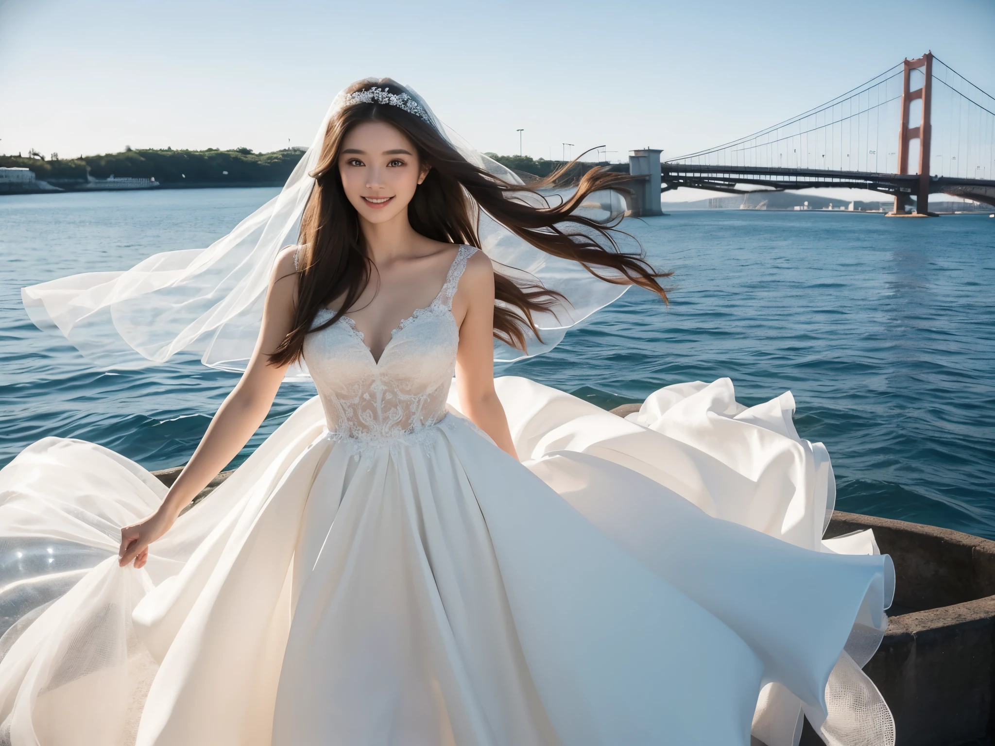 A woman with a beautiful and well-proportioned face 

hair waving in the wind 

(brown hair) 

calm smile 

G cup breasts 

wearing a wedding dress 

(white prom dress) 

(There's a white wedding veil on my head) 

There is a big and long bridge 

The blue sea spreads under the bridge 

a car is passing 

japanese woman 

