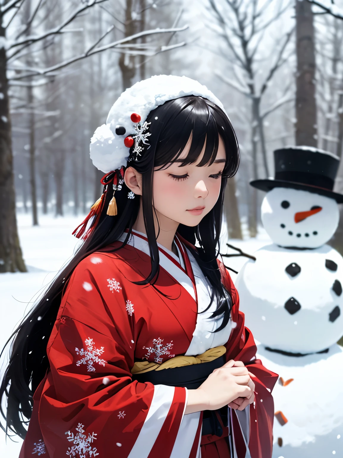 masterpiece, Realistic, highest quality, whole body, Black Super Long Hair, (((Beautiful Snow Woman)))), (Beautiful Snow Woman in Old Tales)))), (Japanese white kimono and white obi、Long red sleeves、Only the obi is hanging down, Face down、Looking up at the person squinting)), (((Black hair with snowflake hair accessories and snowman hair clips)), 20-year-old, (Plains in a blizzard)))), ( No headgear))), Realistic, Blur the background
