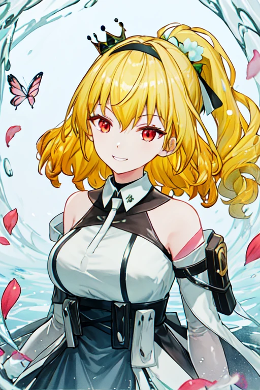 fenniS1CB, 1girl, blonde hair, medium hair, (ponytail:0.9), red eyes, dress, green ribbon, mini crown, bare shoulders,hairband,white gloves,detailed face,((ink)),(water color),bloom effect,detailed beautiful grassland with petal,flower,butterfly,necklace,smile,petal,(((surrounded by heavy floating petal flow))),
