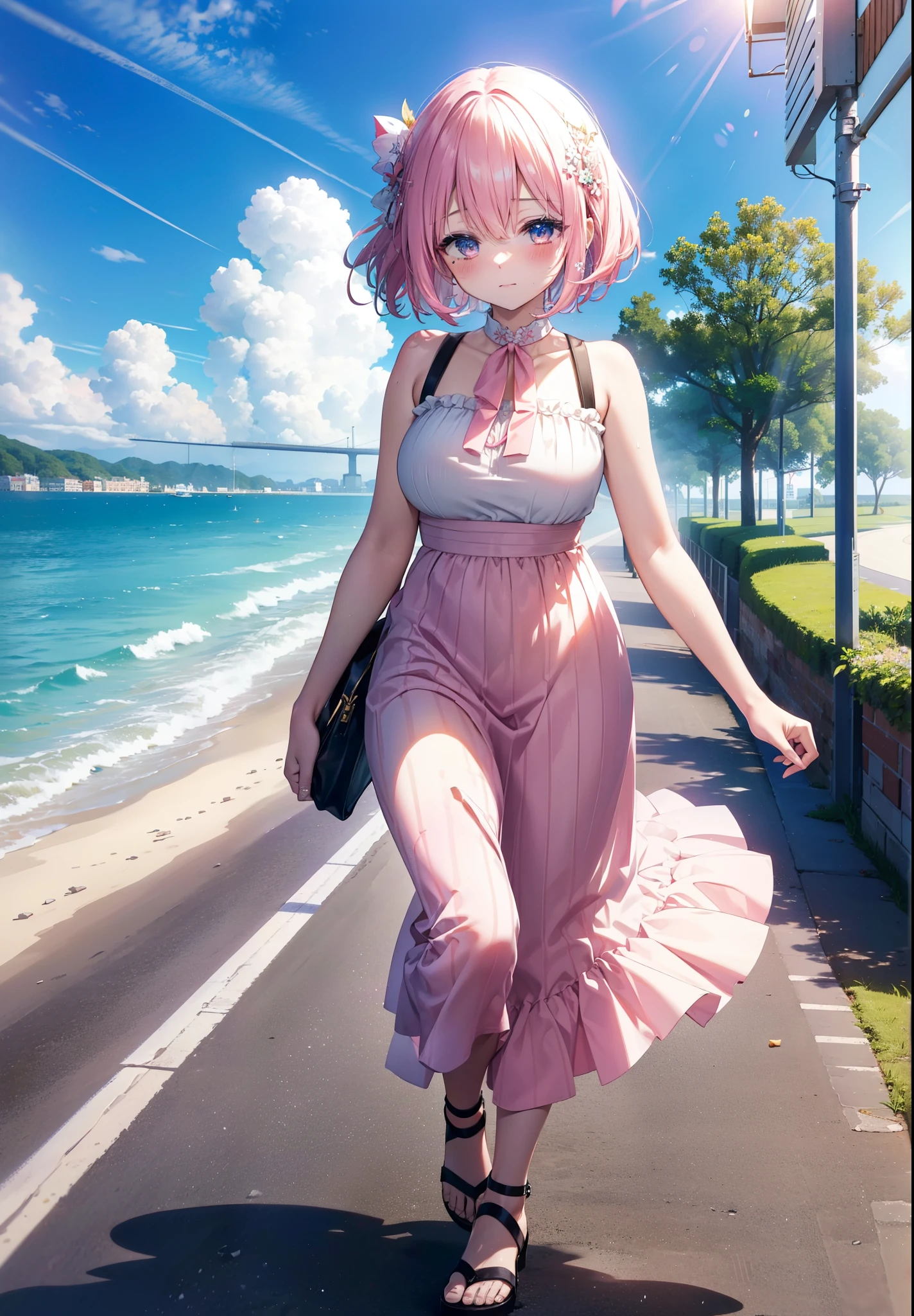 Model Luke, Momo Model Building Luke, Devil&#39;s Tail, Hair Flowers, hair ornaments, Pink Hair,Short Hair,(Purple eyes:1.1), smile,blush,happy smile, smile, Open your mouth,
, Sleeveless Pink Dress,Pink long skirt,Cute Sandals,walking,Real Summer,Daytime,sunny,whole bodyがイラストの中に入っていくように,
break outdoors ,Coastal Road,In town,　　　　　　　　　　　　　　break looking at viewer, whole body,
break (masterpiece:1.2), highest quality, High resolution, unity 8k wallpaper, (shape:0.8), (beautiful deしっぽed eyes:1.6), extremely deしっぽed face, Perfect lighting, extremely deしっぽed CG, (Perfect hands, Perfect Anatomy),