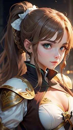 A young woman with light brown hair and a ponytail wearing a fantasy white costume、Green Eyes