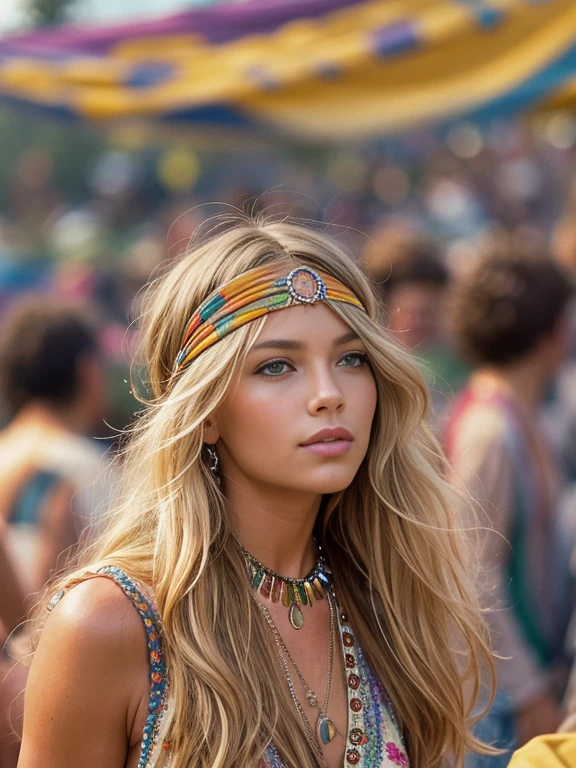 Imagine a beautiful 18 years old american hippie girl at the Woodstock concert in 1969, long wavy messy blonde hair with a hippe head band , blue-grey eyes, ultra realistic eyes, white skin, natural makeup, wearing hippie clothes, a summer dress, a worn jeans hippie jacket, pyschedelic jewelry, hippie earings, hippe necklace, ultra detailed face, ultra realistic skin, runner's body, small perky breasts, 8K, ultra high res.photorealistic, UHD close-up shot, lookingt at viewer, hovering gaze, stoned face, relaxed, (peace and love, woodstock 1969 vibes, outdoor rock concert in the background:1.3), RAW photo, sharp