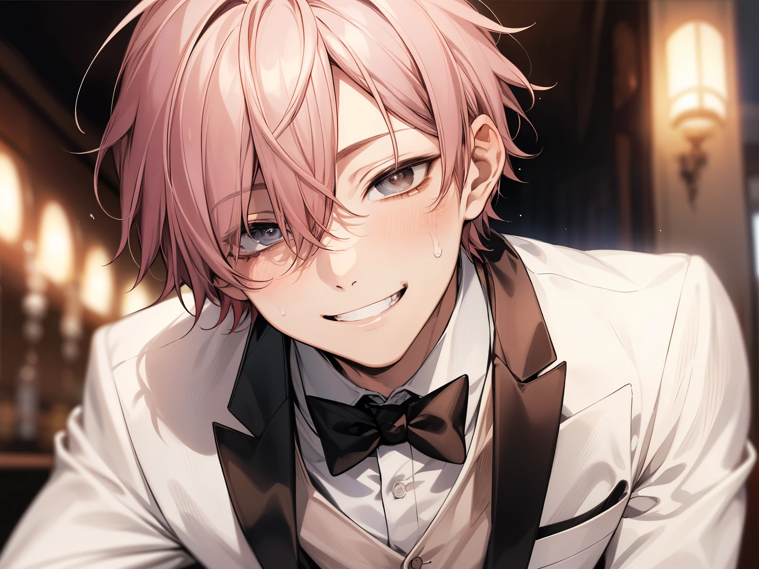 masterpiece,Face close-up,Angle from below,male, 10 years old,(male1人)、solo,Adult,やさしいsmile,Tea-colored hair,mash,(Droopy eyes),Lewd Eyes,White tuxedo,sweating,,smile,Background Spotlight