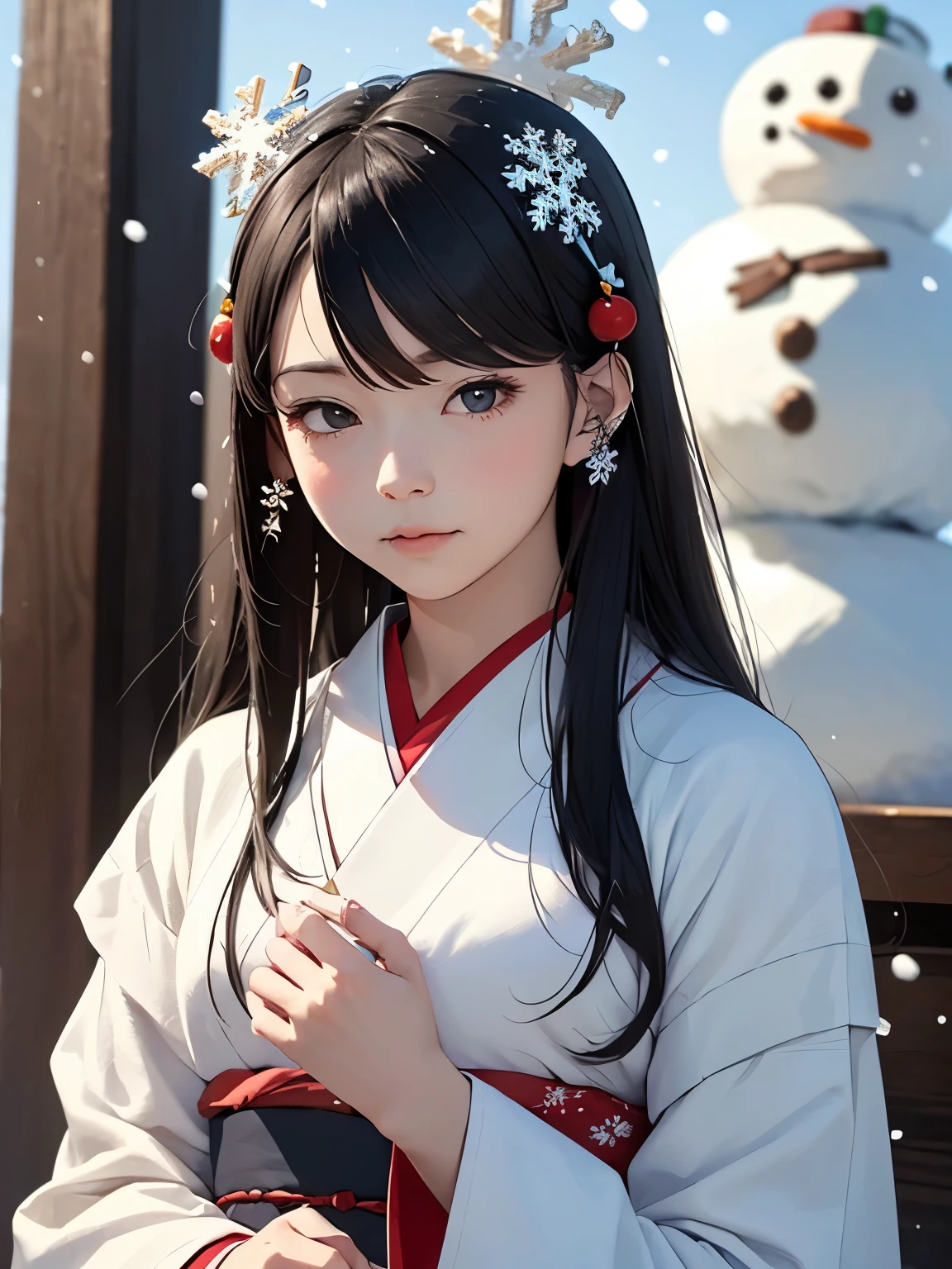 masterpiece, Realistic, highest quality, whole body, Black Super Long Hair, (((Beautiful Snow Woman)))), (Beautiful Snow Woman in Old Tales)))), (Japanese white kimono and white obi、Long red sleeves、Only the obi is hanging down, Face down、Looking up at the person squinting)), (((Black hair with snowflake hair accessories and snowman hair clips)), 20-year-old, (Plains in a blizzard)))), ( No headgear))), Realistic, Blur the background