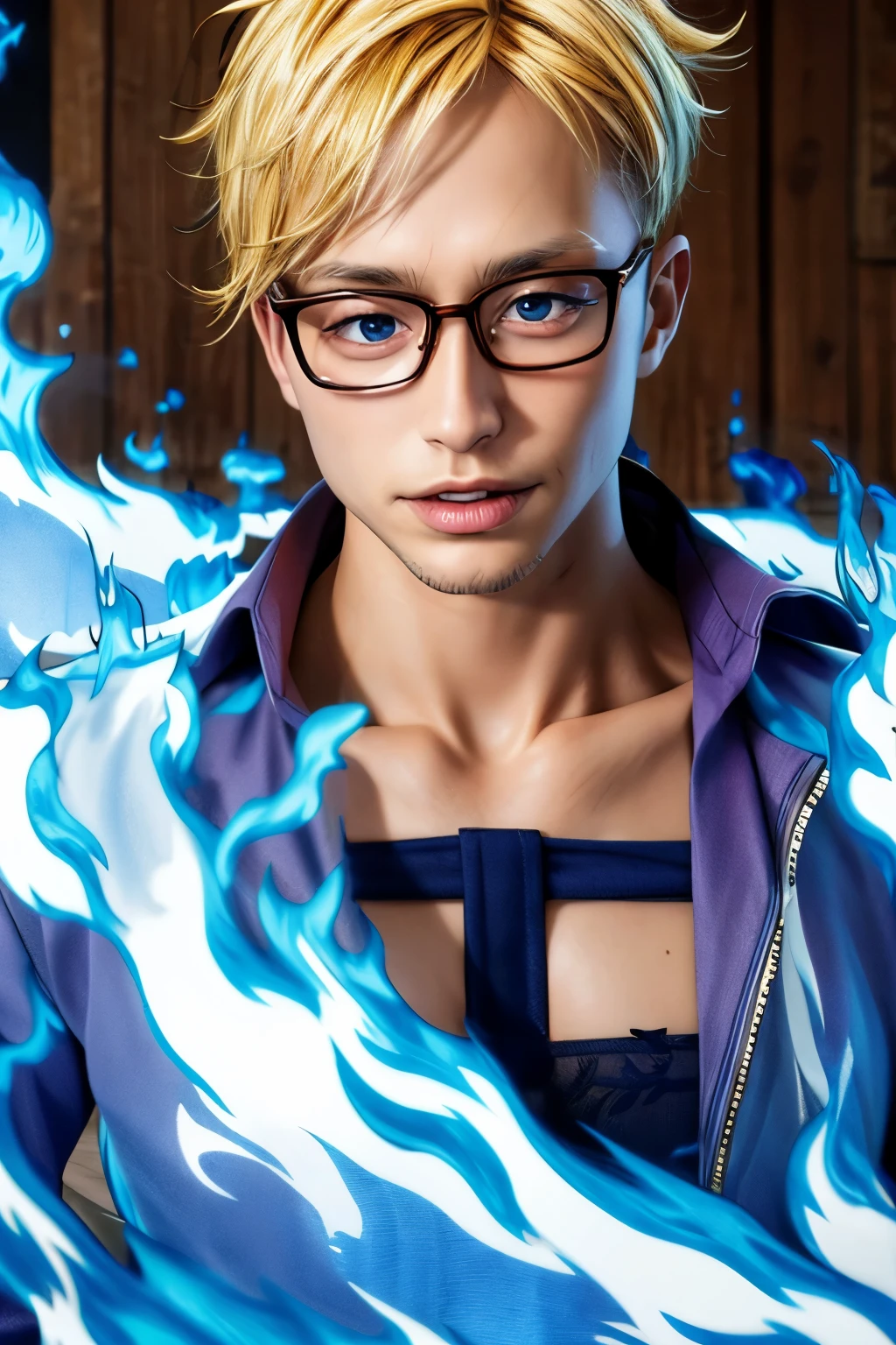 Wrench ftmfshn, Fantasy Clothing, Short blonde, Glasses, One boy, Marco_base, 1 boy, Purple Shirt, Open shirt, Glasses, Short blonde, Blue pants, Blue Fire, Blue Flame, wing，（8K，RAW Photos），（Best Quality），（Masterpiece Loose），（Realistic，）（写実的でRealistic），（High resolution），Hyper Detail，（Gentel Realism：1.1），Beautiful Face， （1 Female：1.1），High resolution), (8k), (Very detailed), (4K), (Pixiv), Perfect Face, Beautiful eyes and face, (highest quality), (Very detailed), Detailed face and eyes, (alone), Textured skin, Absurd, High resolution,
