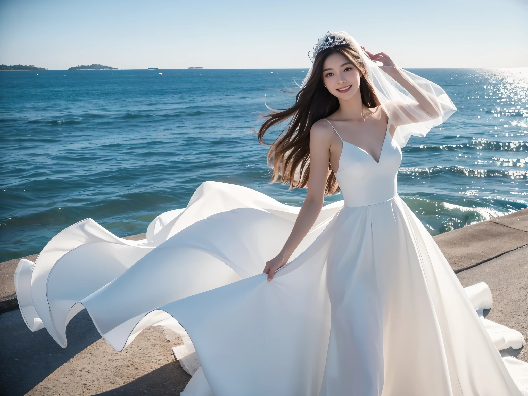 A woman with a beautiful and well-proportioned face
hair waving in the wind
(brown hair)
calm smile
G cup breasts
wearing a wedding dress
(white prom dress)
(There's a white wedding veil on my head)
There is a big and long bridge
The blue sea spreads under the bridge
a car is passing
japanese woman