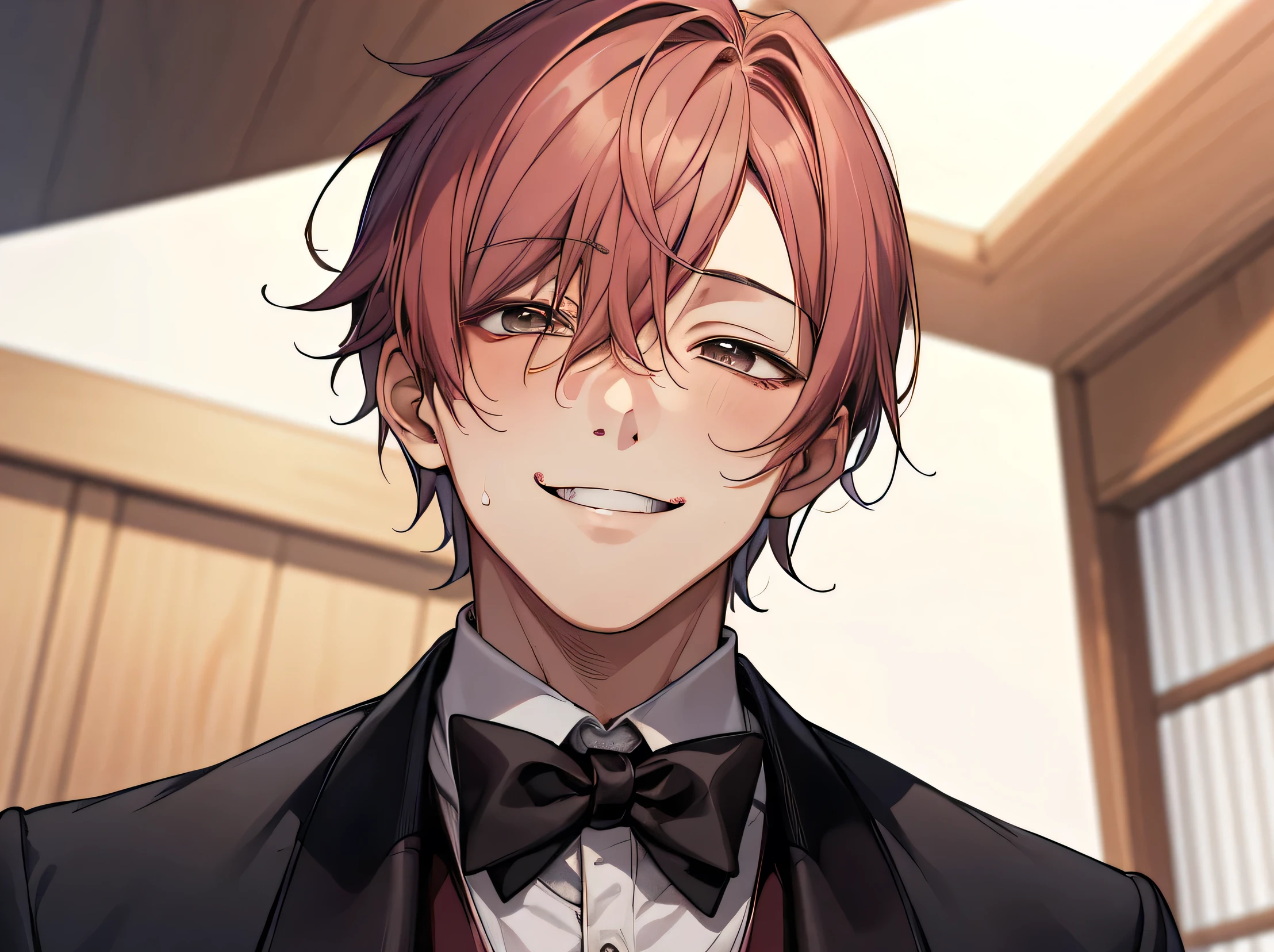 masterpiece,Face close-up,Angle from below,male, 10 years old,(male1 person)、solo,Adult,A gentle smile,Tea-colored hair,mash,(Droopy eyes),Lewd Eyes,White tuxedo,sweating,,smile,Background Spotlight