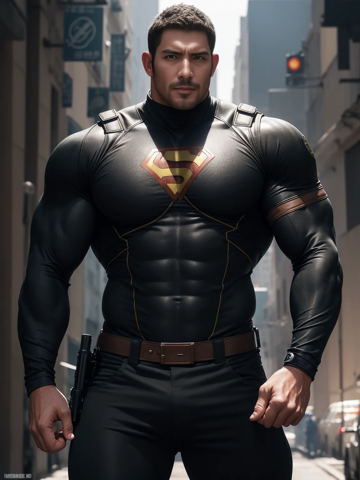 张嘴尖叫muscular police officer, On the old-style outdoor streets, Wear a brown superhero bodysuit with long sleeves, Elastic spandex material,The expression is arrogant, Lift your chin, Messy hair, Thick thighs, Brown Superhero Bodysuit with Turtleneck and Long Sleeves, very tight, Regular symmetrical pattern, Highlight muscles, Police uniform pants, character concept(Resident Evil - Chris Redfield, Chris Redfield)A proud expression, Deep and charming eyes, Heroic male pose, tall Burly, muscular!muscular thighs, tough guy, perfect facial features, High, Burly, Heqiang, Super polished and cool, High Resolution Committee, Charismatic, The sun is blazing, dazzling