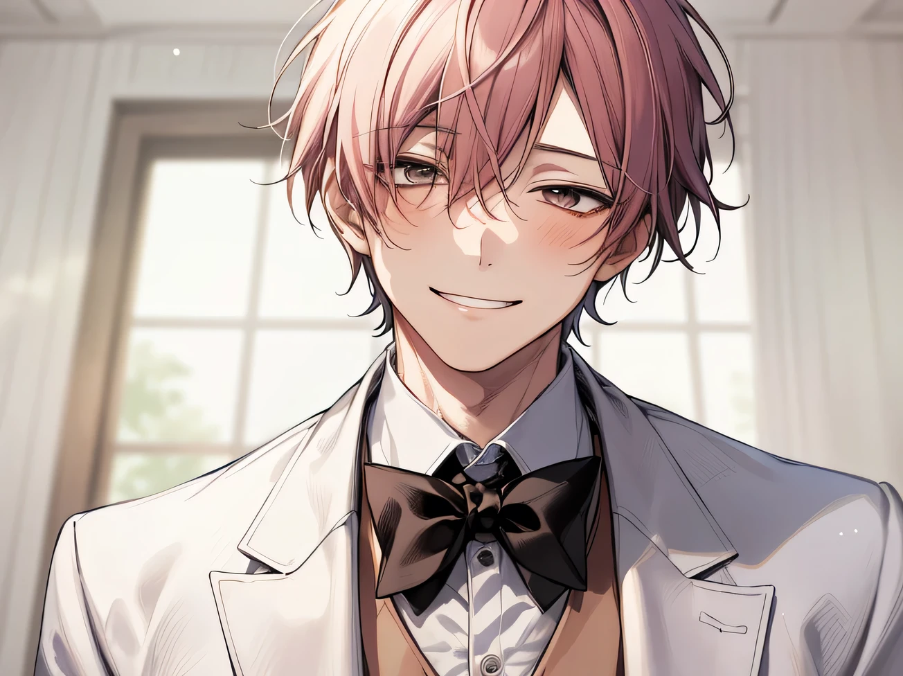 masterpiece,Face close-up,Angle from below,male, 10 years old,(male1 person)、solo,Adult,A gentle smile,Tea-colored hair,mash,(Droopy eyes),Lewd Eyes,White tuxedo,sweating,,smile,Background Spotlight
