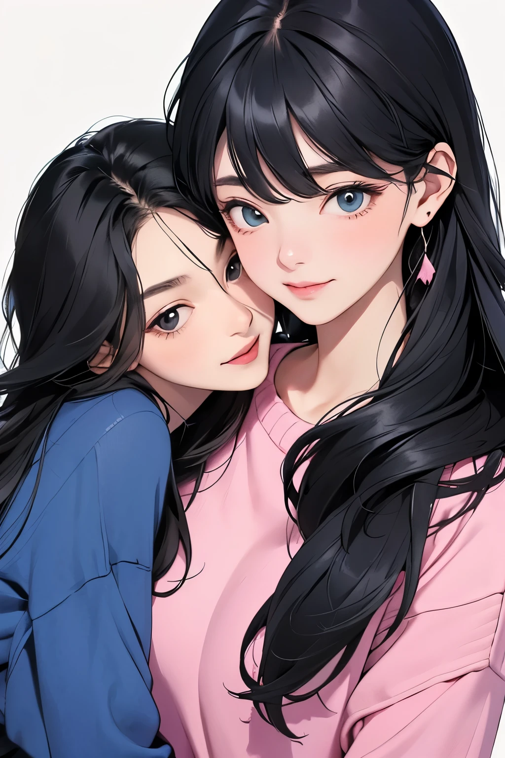 Two Women,Happy expression,Embrace,(Black long hair),A woman wears((Blue sweater)),另A woman wears((Pink shirt))