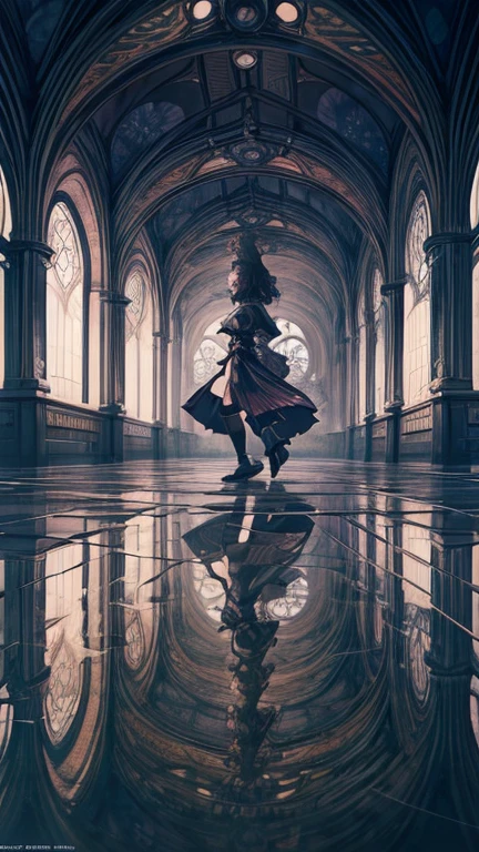 Arthur Rackham, DaisukeRichard, Surreal, mysterious, strange, fantastical, fantasy, Sci-fi, Japanese anime, kaleidoscope city, miniskirt beautiful girl drawing architectural drawings, perfect voluminous body, reflection and symmetry, detailed masterpiece full colours perspectives angles zoom in
