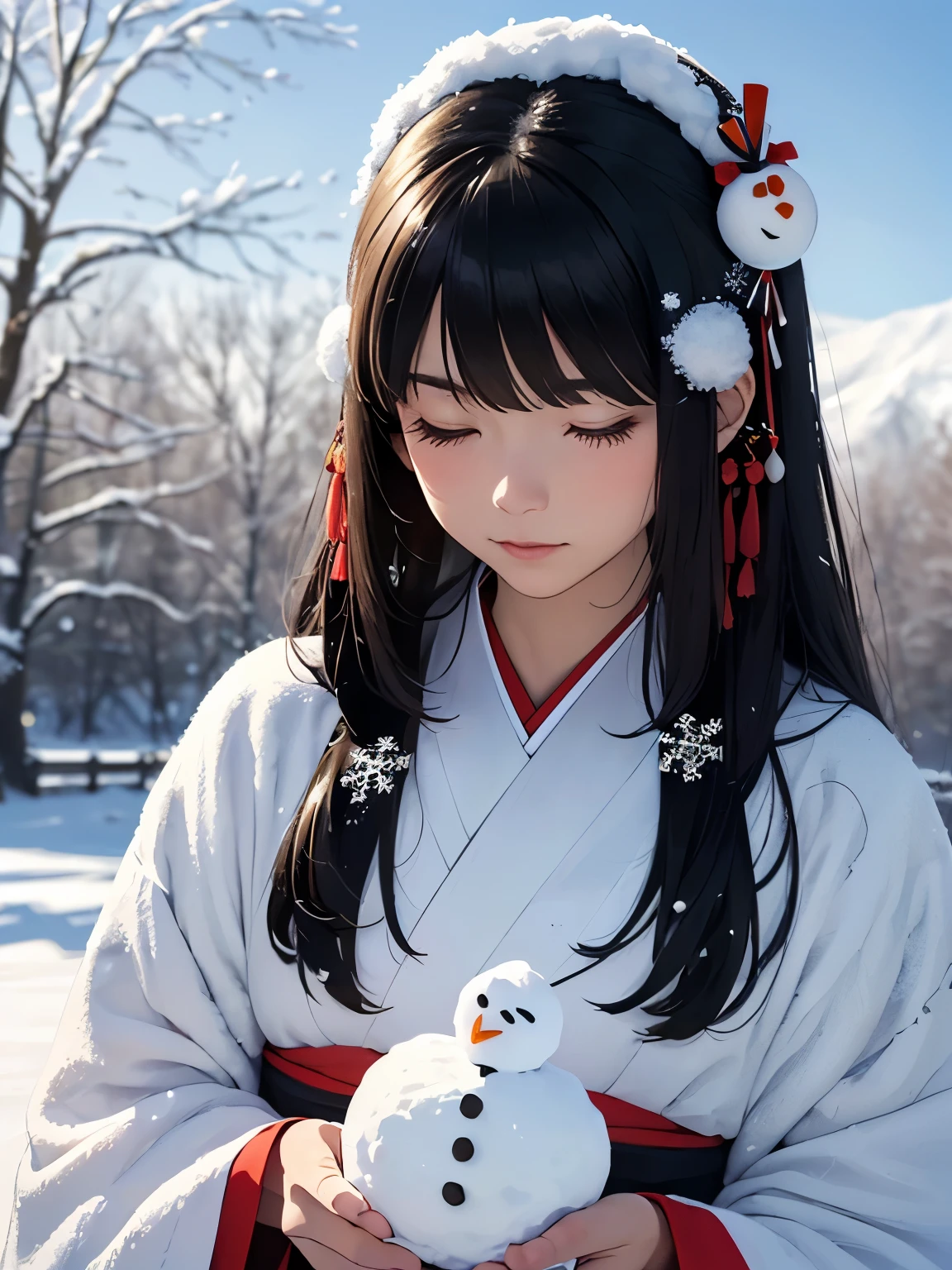 masterpiece, Realistic, highest quality, whole body, Black Super Long Hair, (((Beautiful Snow Woman)))), (Beautiful Snow Woman in Old Tales)))), (Japanese white kimono and white obi、Long red sleeves、Only the obi is hanging down, Face down、Looking up at the person squinting)), (((Black hair with snowflake hair accessories and snowman hair clips)), 20-year-old, (Plains in a blizzard)))), ( No headgear))), Realistic, Blur the background