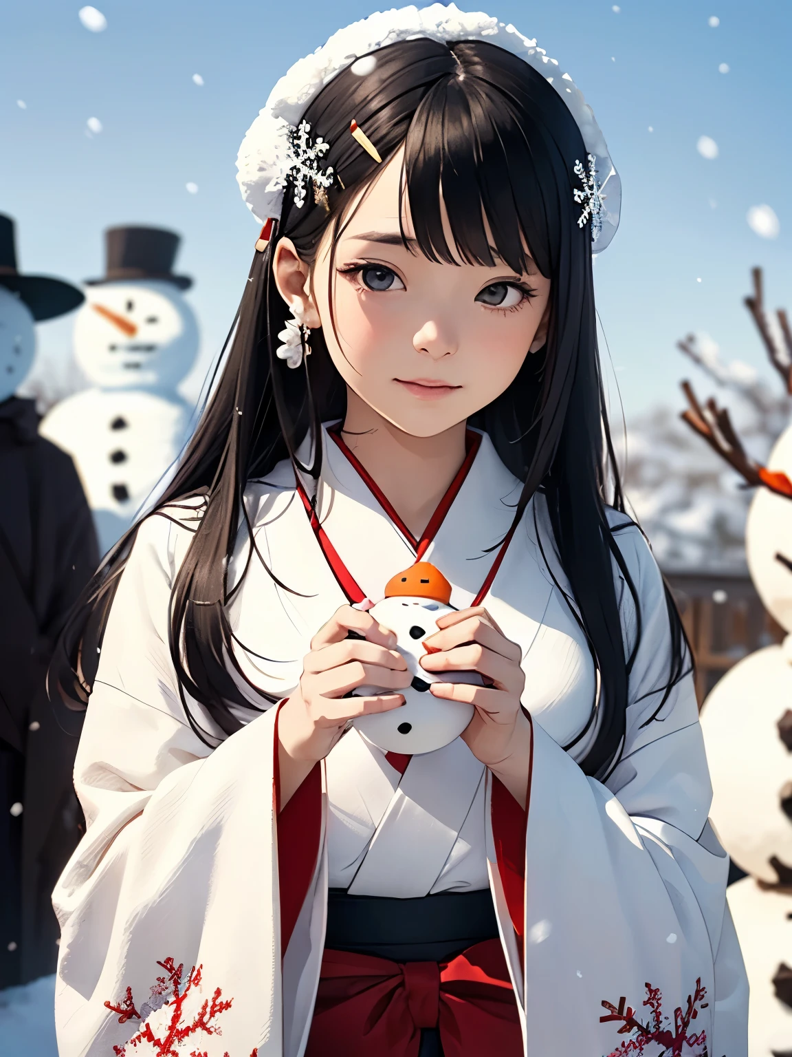 masterpiece, Realistic, highest quality, whole body, Black Super Long Hair, (((Beautiful Snow Woman)))), (Beautiful Snow Woman in Old Tales)))), (Japanese white kimono and white obi、Long red sleeves、Only the obi is hanging down, Face down、Looking up at the person squinting)), (((Black hair with snowflake hair accessories and snowman hair clips)), 20-year-old, (Plains in a blizzard)))), ( No headgear))), Realistic, Blur the background