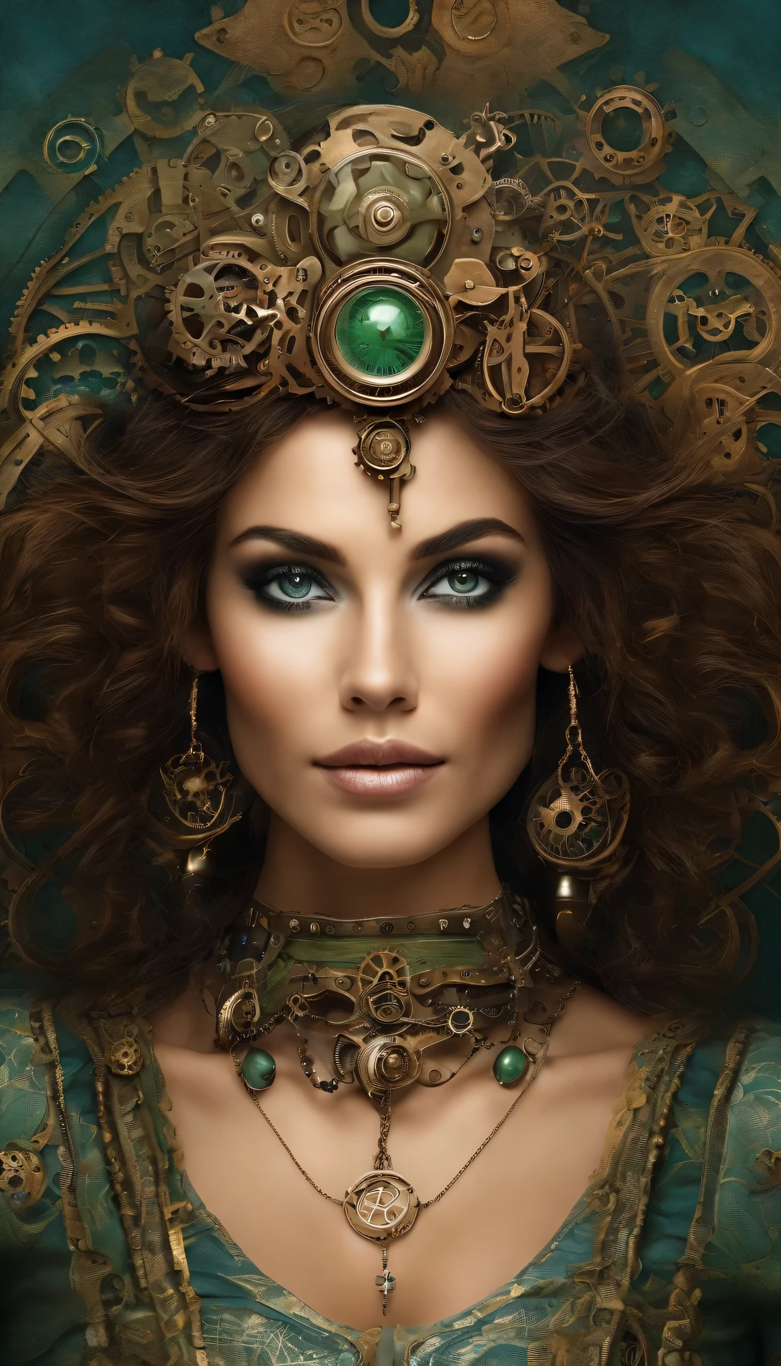Rosto feminino deslumbrante, pele natural e radiante (medium tone/bronzeado), olhos expressivos (verde/azul/castanho) with long eyelashes, white and genuine smile.