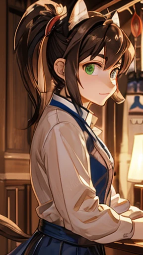 Tokai Teio \(umamusume\), ((Highly detailed eyes)), masterpiece, Highest quality, ((abnormal body, Small breasts)), (Horse tail) ,smile, blush, (indoor, office, living room), whole body, frontage, Long ponytail ,((nsfw)), From below,