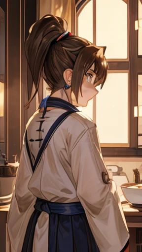 A young woman with light brown hair and a ponytail wearing a fantasy white costume、Green Eyes