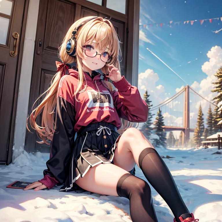 Pink gold golden hair、Golden Eyes、One good looking girl、Twin tails、solo、anime、Checkered mini skirt、The skirt has buttons、Red T-shirt、Long sleeve、China、Cape、Black knee-high socks、Wearing headphones、Wearing a ribbon、Ribbon on waist、Tilting face、Teeth are visible、Sunset sky、The rocks are exploding、Snow is piled up、Rocky Mountain、The clouds are breaking through、Contrail、Glasses、Behind him is a giant World Tree piercing the clouds.、Sitting、Automatic door、Burning Teacup、suspension bridge、Golden Sugar、Touching your face