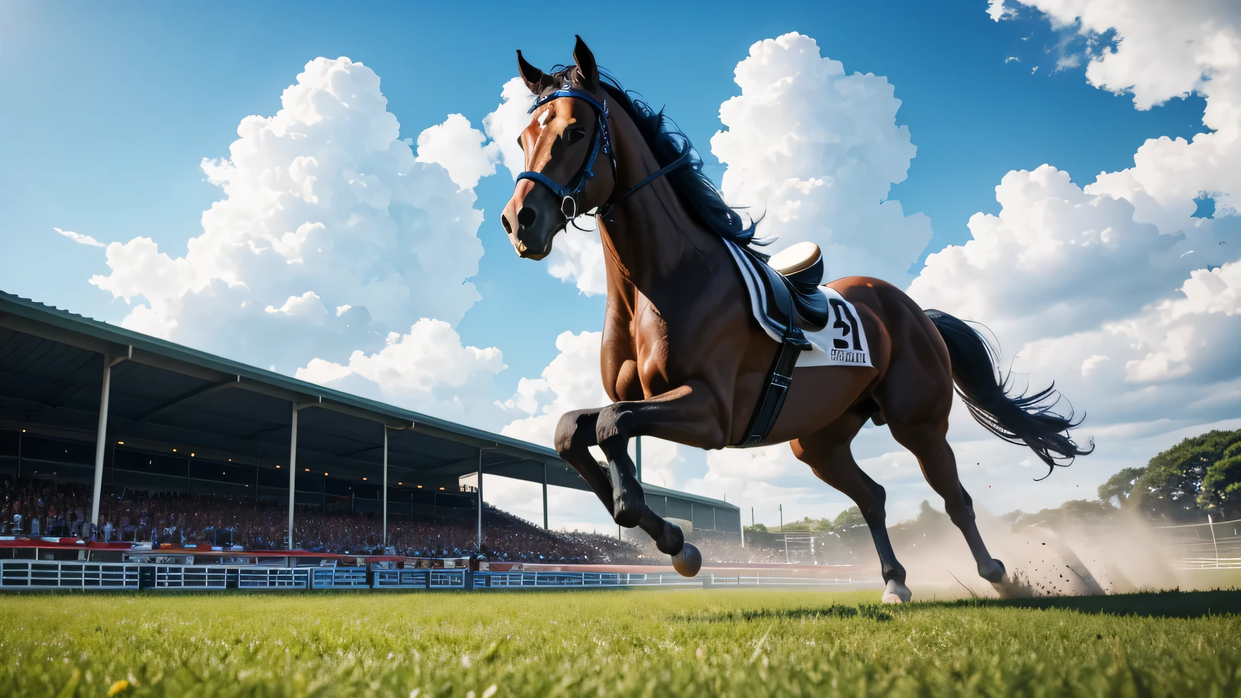 racecourse,blue sky,unmanned,horse,grass,race