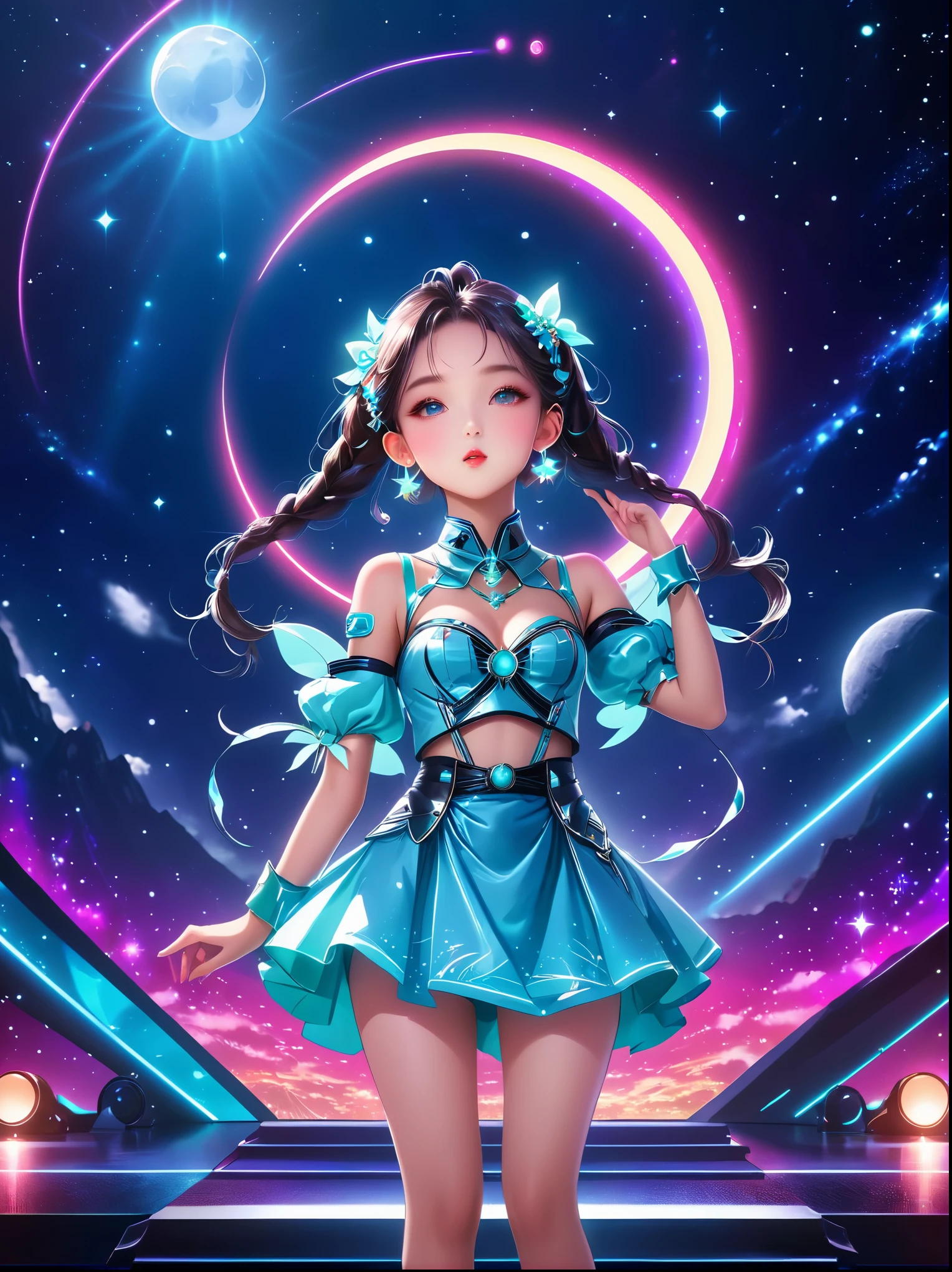 (Vision:1.5)，1girl, concert，audience, (Idol stage)，Neon，((舞台light))，A beautiful young female idol, Wearing futuristic costumes, (在Idol stage上唱歌:1.6), futuristic stage, (complex stage design:1.3), (Mechanical stage elements:1.5), Dreamy atmosphere, Starry sky background, (Moon craters background:1.5), 闪耀的light, Neon点缀, (从远处观看Idol stage:1.6), (Stage scene in telescope:1.5)，Anime Background Art Style Anime，Kingdom of Light Background，dazzling stage，Stadium Background，Colorful anime background，Stunning and mysterious，sh，light,Colorful，light照在地板上