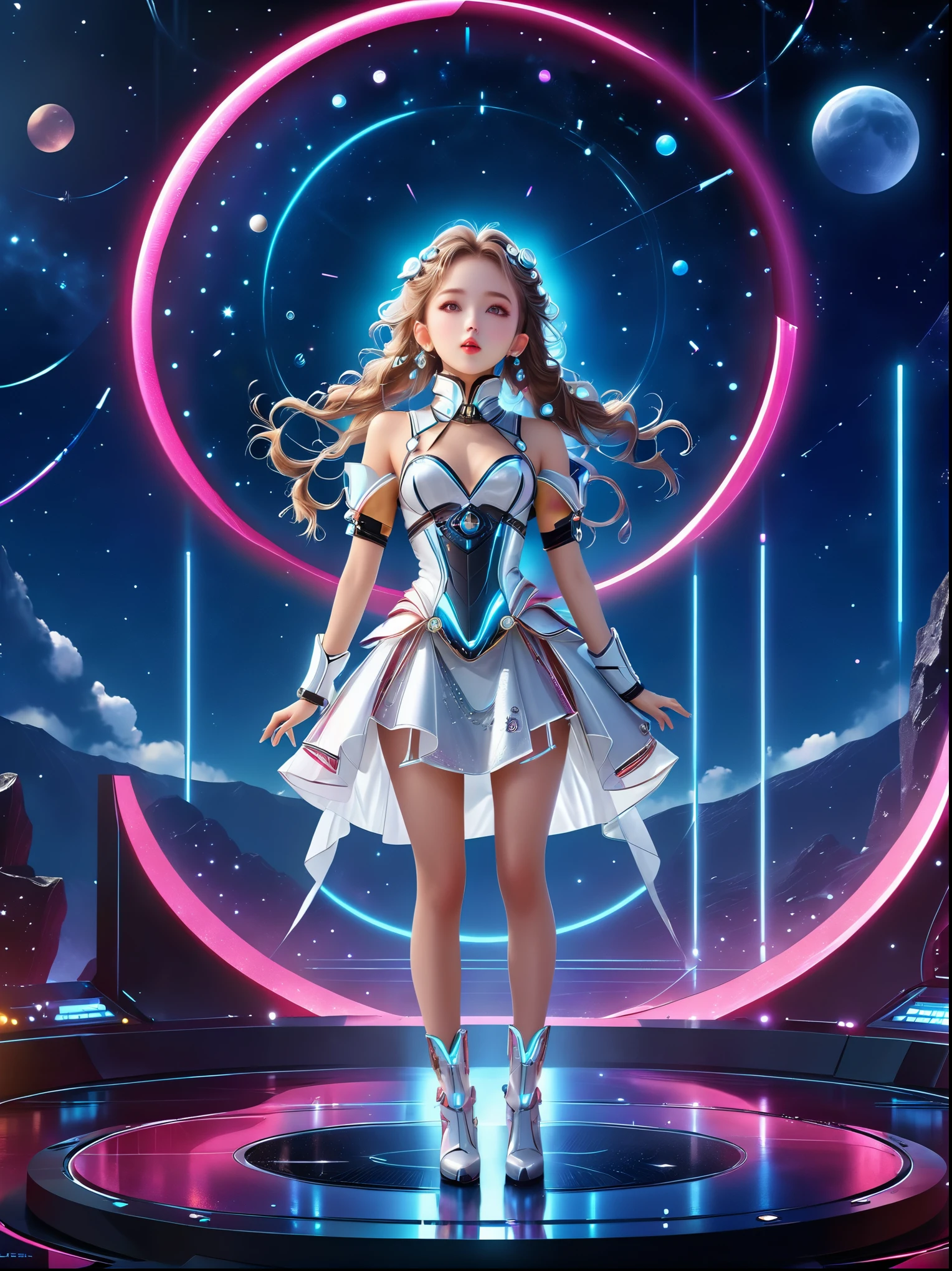 (Vision:1.8), (whole body:1.3), A beautiful young female idol, Wearing futuristic costumes, (Singing on the idol stage:1.6), futuristic stage, (complex stage design:1.3), (Mechanical stage elements:1.5), Dreamy atmosphere, Starry sky background, (Moon craters background:1.5), shining lights, Neon embellished, (Watch idol performances from a distance:1.6), (Stage scene in telescope:1.5)