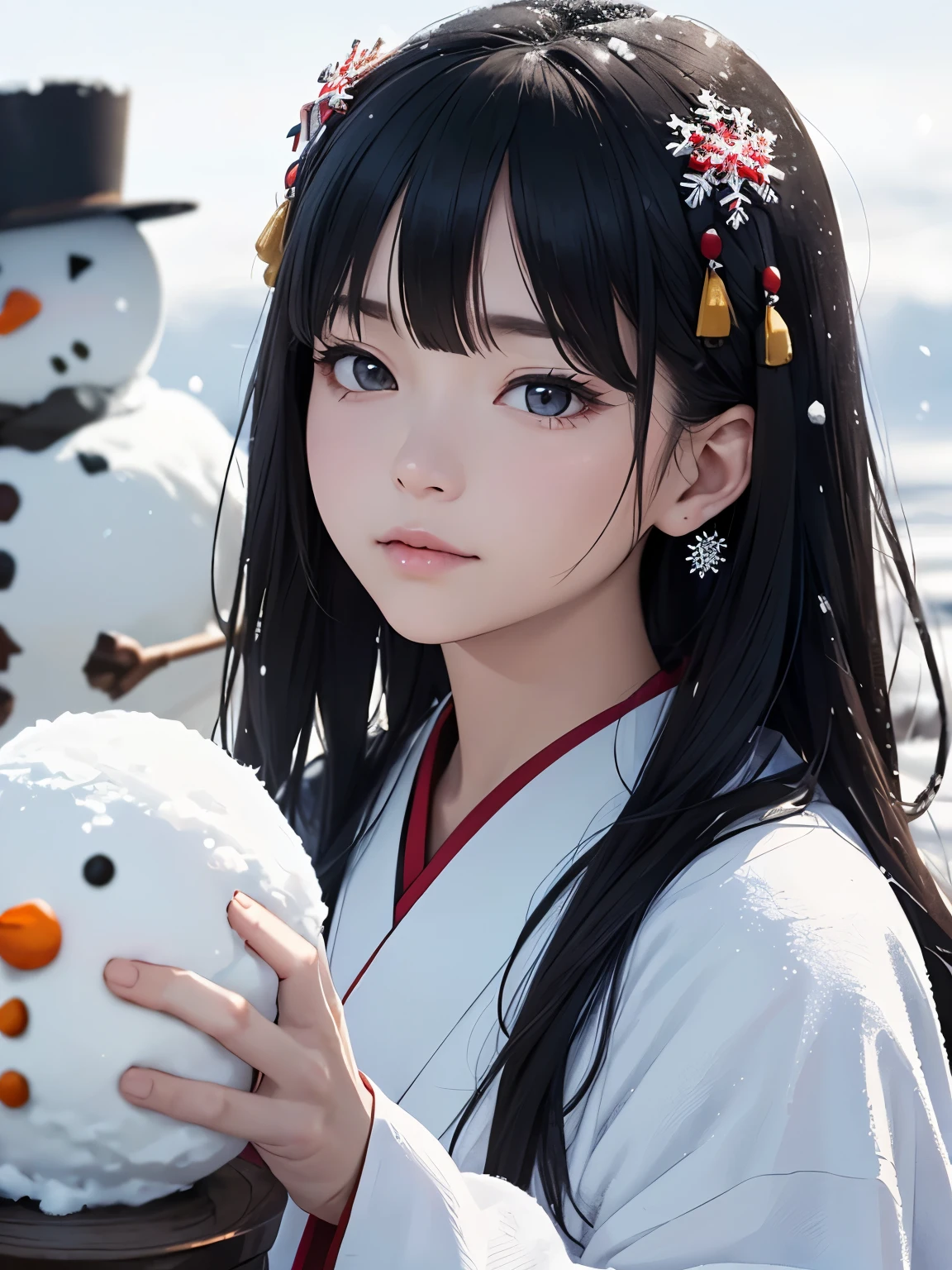 masterpiece, Realistic, highest quality, whole body, Black Super Long Hair, (((Beautiful Snow Woman)))), (Beautiful Snow Woman in Old Tales)))), (Japanese white kimono and white obi、Long red sleeves、Only the obi is hanging down, Face down、Looking up at the person squinting)), (((Black hair with snowflake hair accessories and snowman hair clips)), 20-year-old, (Plains in a blizzard)))), ( No headgear))), Realistic, Blur the background