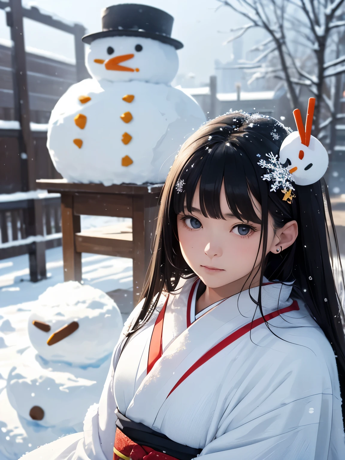 masterpiece, Realistic, highest quality, whole body, Black Super Long Hair, (((Beautiful Snow Woman)))), (Beautiful Snow Woman in Old Tales)))), (Japanese white kimono and white obi、Long red sleeves、Only the obi is hanging down, Face down、Looking up at the person squinting)), (((Black hair with snowflake hair accessories and snowman hair clips)), 20-year-old, (Plains in a blizzard)))), ( No headgear))), Realistic, Blur the background