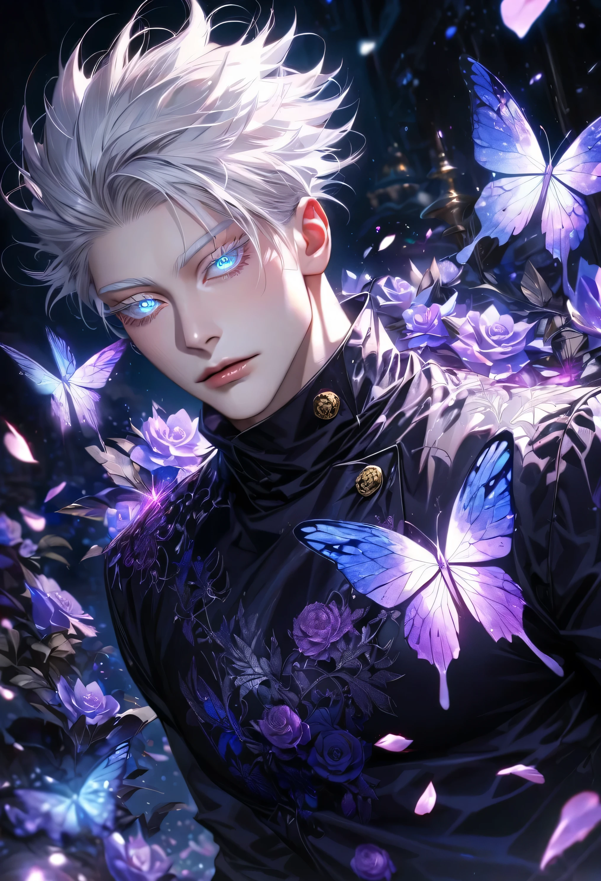 Ultra detailed, HDR, Highres, absurdres, master piece, Gojou Satoru, expressive blue eyes, white hair with bangs, white eyelashes, Jujutsu Kaisen, black coat with patterns, black tight shirt, purple glittering butterflies, purple ice, petals, purple ice roses, sexy man, solo, extremely detailed face and eyes, extremely handsome, glittering, glittering eyes, realistic face,