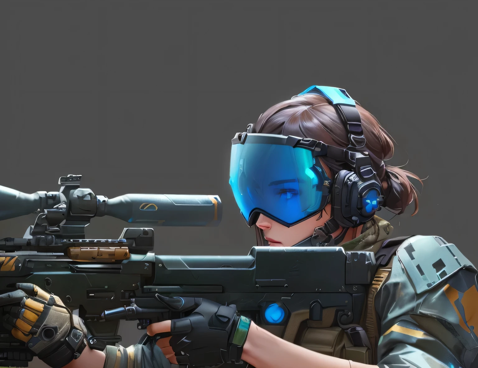 Aravud female soldier holding a rifle,Wear a helmet, brave game style, Heroic character, Brave style, OLED Goggles, clear eyes concept art, Mechanized female soldier, Inspired by cold plum, Echoes of Overwatch, goggles to cover eyes, FPS Game Concept Art, Artwork in the style of Guweiz