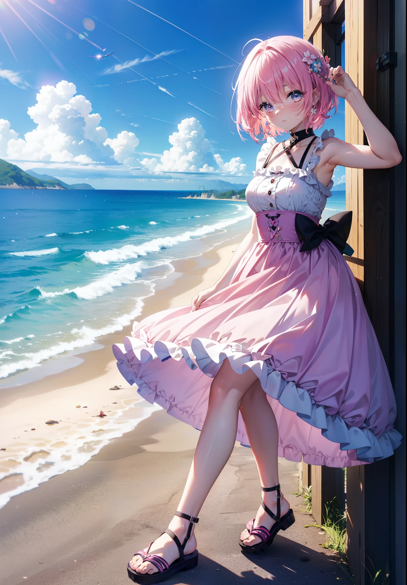 Model Luke, Momo Model Building Luke, Devil's Tail, Hair Flowers, hair ornaments, Pink Hair,Short Hair,(Purple eyes:1.1), smile,blush,happy smile, smile, Open your mouth,
, Sleeveless Pink Dress,Pink long skirt,Cute Sandals,walking,Real Summer,Daytime,sunny,whole bodyがイラストの中に入っていくように,
break outdoors ,Coastal Road,In town, break looking at viewer, whole body,
break (masterpiece:1.2), highest quality, High resolution, unity 8k wallpaper, (shape:0.8), (beautiful deしっぽed eyes:1.6), extremely deしっぽed face, Perfect lighting, extremely deしっぽed CG, (Perfect hands, Perfect Anatomy),