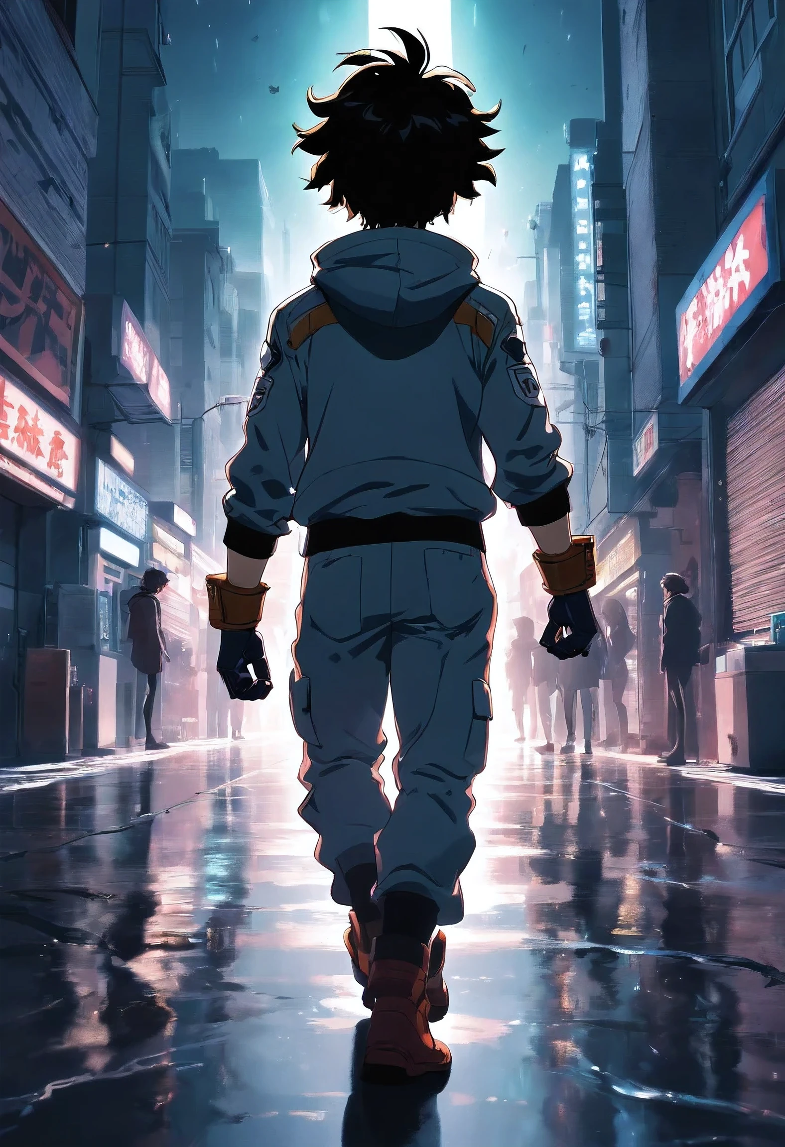 Create a stunning black and white movie poster inspired by Kohei Horikoshi's my hero academia, showcasing 25 years old Deku in his iconic full superhero uniform walking into the dark void where their is nothing and no one than himself"