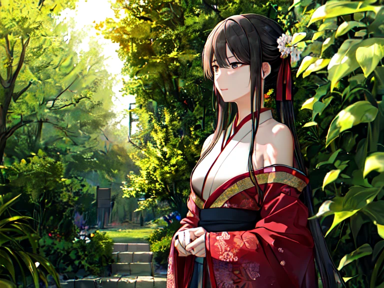 (girl: 1.5), Lace, ribbon, Hanfu, (masterpiece, Side light, 精美of and 美麗of Gray Eyes: 1.2), masterpiece, 实际of, 发光of眼睛, 闪亮of头发, Black Hair, 有光泽of皮肤, celibate, of, Bare shoulders, 精美of, 美麗of, garden, Flowers, 飄動of花瓣,