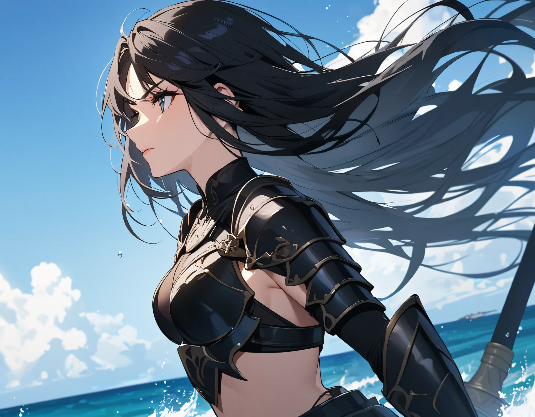 Female warrior with long black hair and wearing black armor, beautiful woman, blue background, sea, sky,