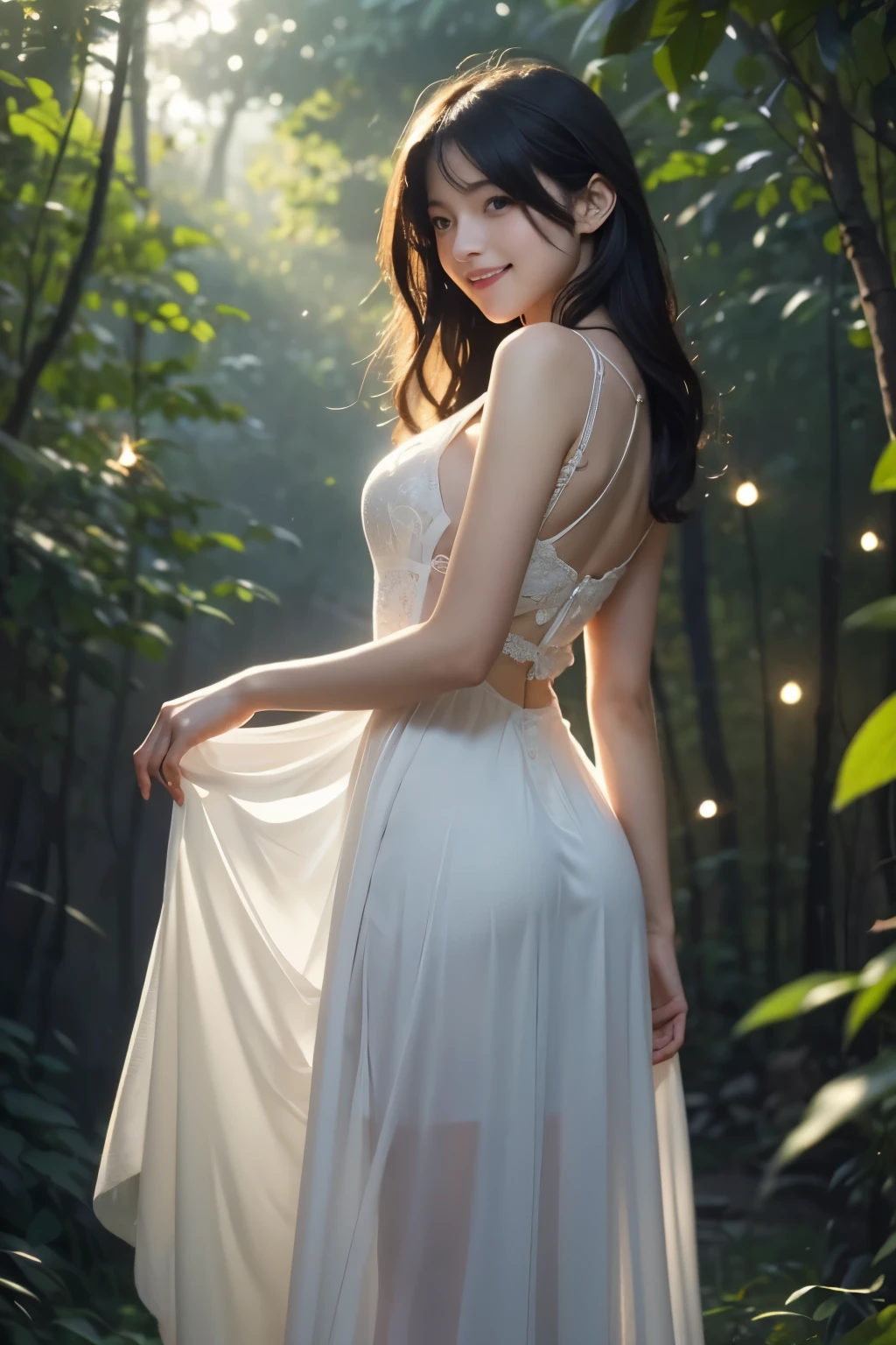 (Masterpiece:1.2), best quality, (illustration:1.2), (ultra-detailed), hyper details, (delicate detailed), (intricate details), (cinematic light, best quality Backlights), clear line, from below, soloist, soft lights, ethereal, magical looking, a candid looking girl with soft curly black hair, brown eyes, forest, fairytale, full body, perfect body, big breasts, magical, light particles, fireflies, art by Mschiffer merged with Makoto Shinkai, cute smile