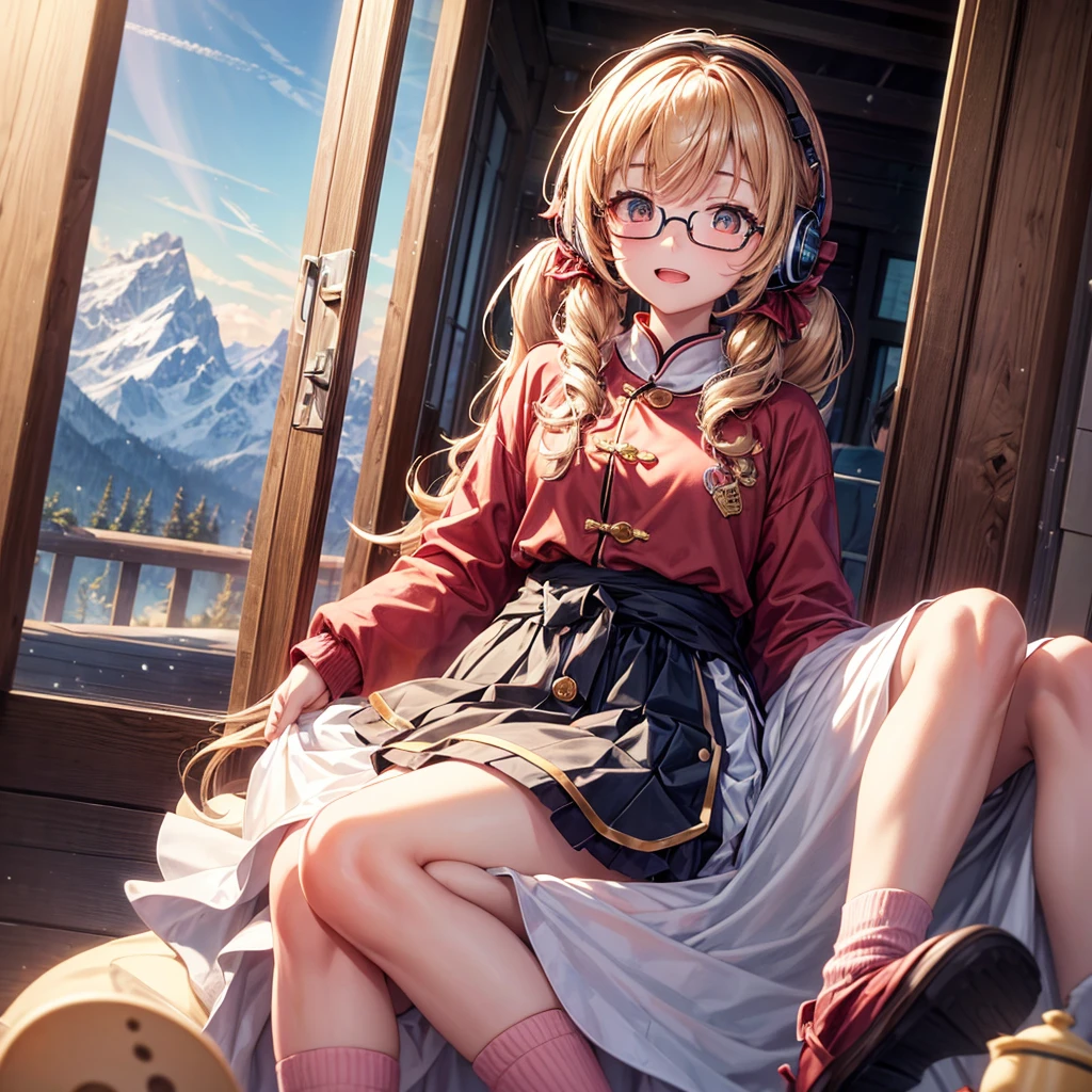 Pink gold golden hair、Golden Eyes、One good looking girl、Twin tails、solo、anime、Checkered mini skirt、The skirt has buttons、Red T-shirt、Long sleeve、China、Cape、Black knee-high socks、Wearing headphones、Wearing a ribbon、Ribbon on waist、Tilting face、Teeth are visible、Sunset sky、The rocks are exploding、Snow is piled up、Rocky Mountain、The clouds are breaking through、Contrail、Glasses、Behind him is a giant World Tree piercing the clouds.、Sitting、Automatic door、Burning Teacup、suspension bridge、Golden Sugar、Touching your face