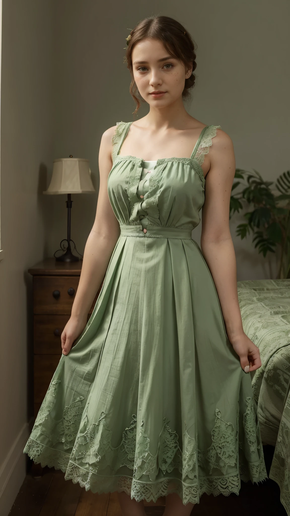 (simple style), green dress, Butterfly heart, pleated lace, Edwardian lace dress. add skin blemishes, acnes, spots beautifully,