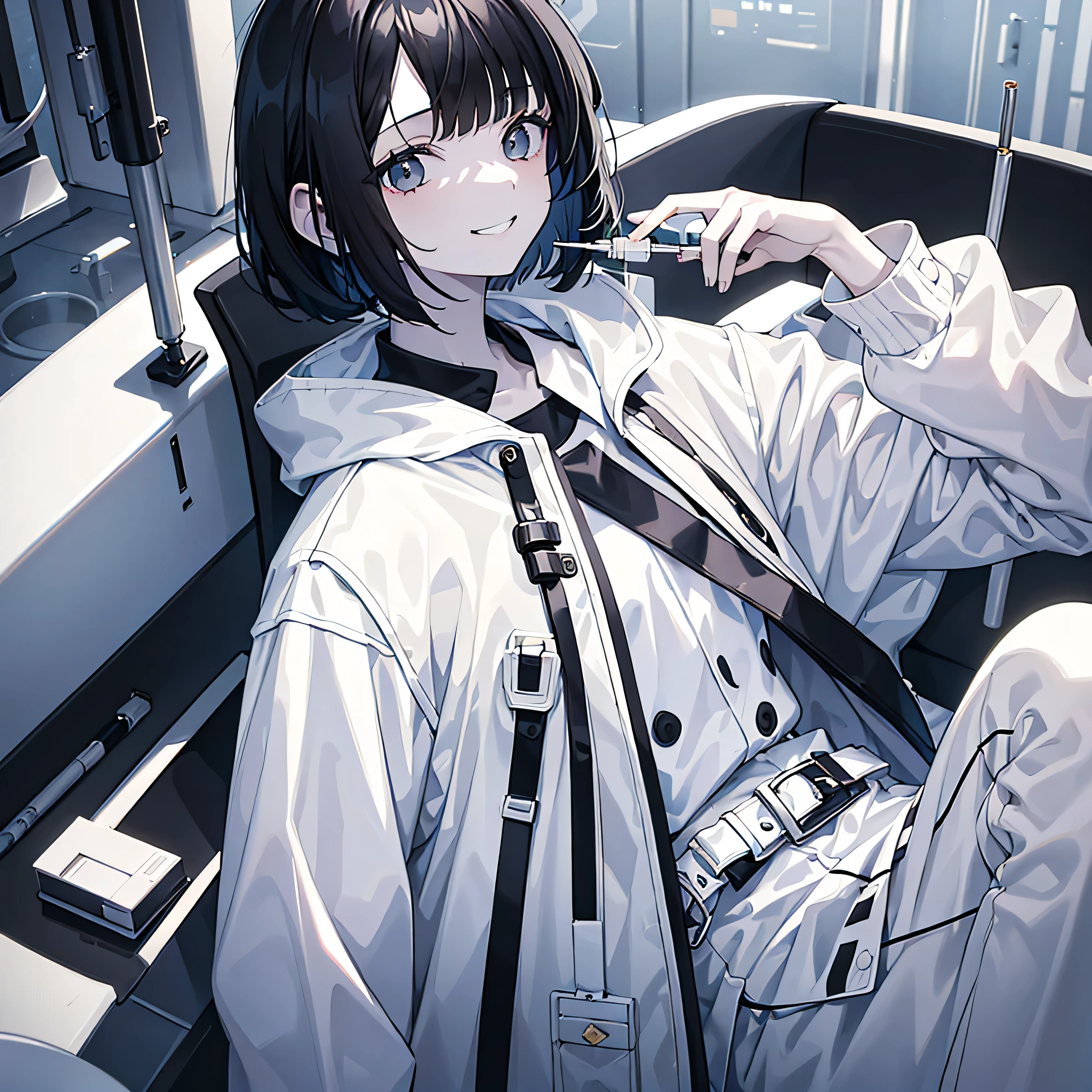 1 Girl,Black Hair,Bobcut,White Mesh,White long coat,Food,Black Eye,Break,smile,neutral,Researcher,,cool,Holding a syringe,Uplifting,fog,cool,Fair skin,Pale skin,Pathological,Monochrome,lack of sleep,Black and White,