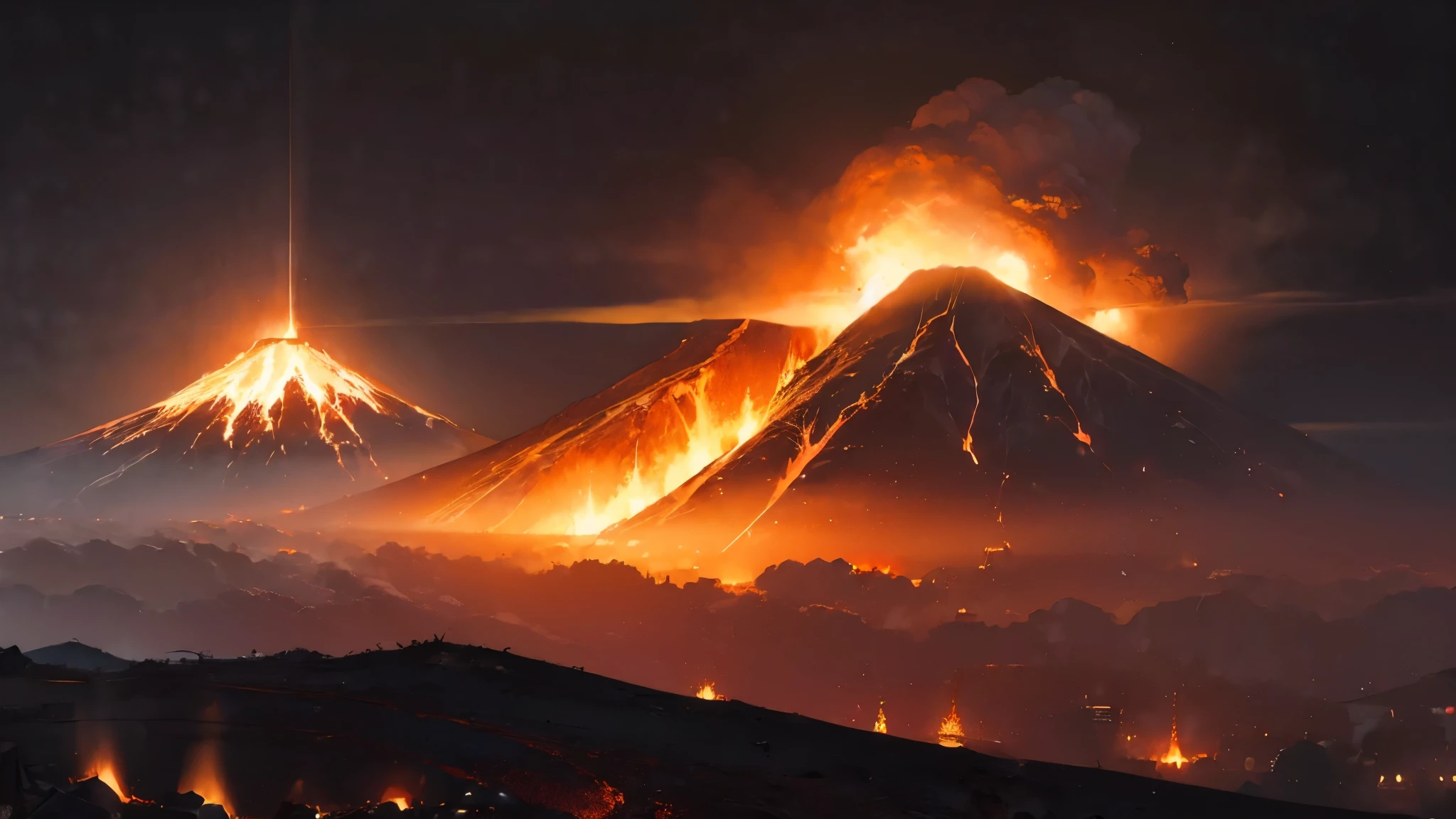 ((background only:2)),Best quality,8k、night、volcano、eruption、Magma outflow:1.5、disaster、disaster,tornado.dark atmosphere,depressive,despair atmosphere,downer atmosphere,from front,(darkness:1.6)