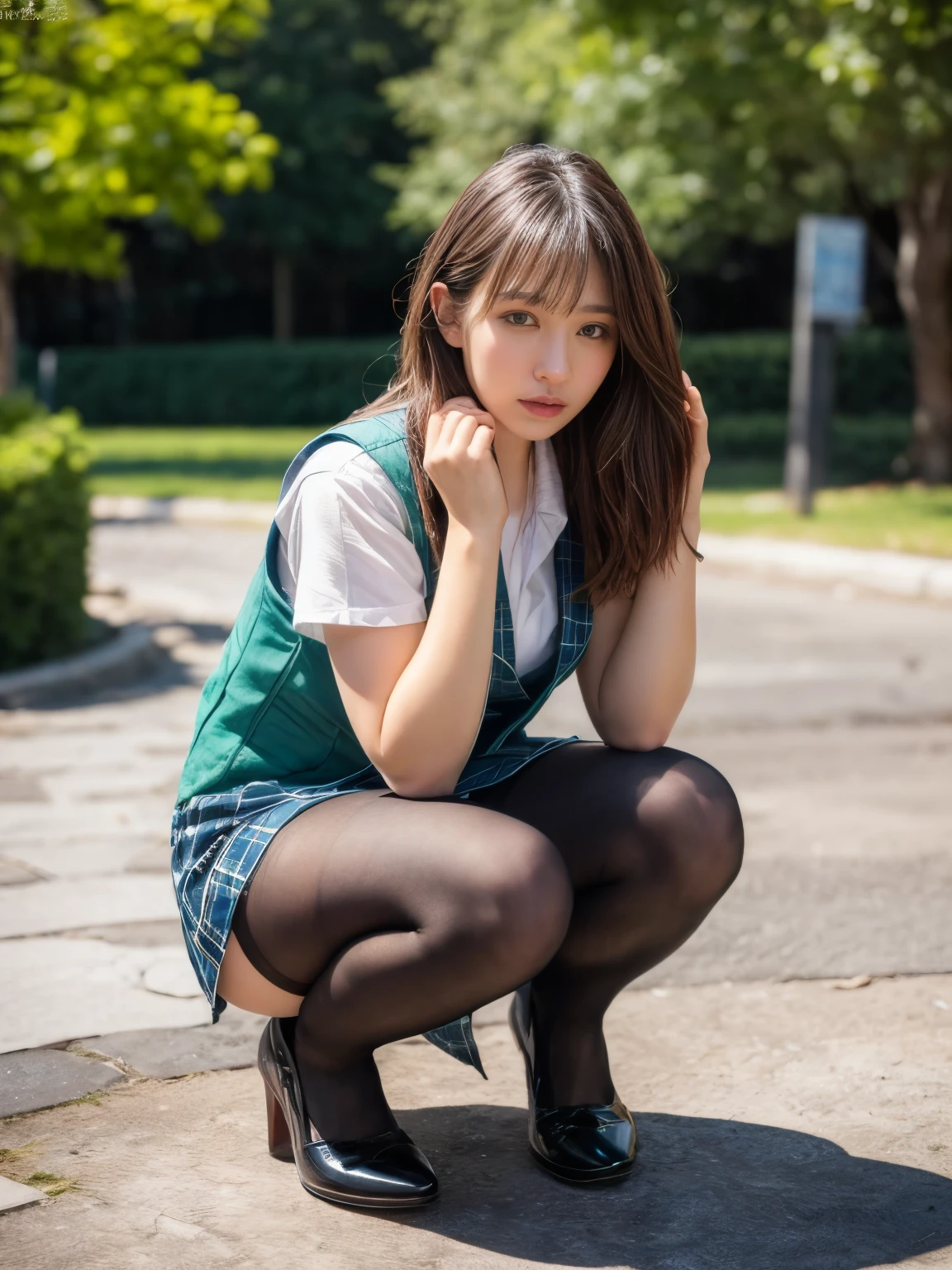 (((masterpiece))), (((highest quality: 1.4))), ((Super Detail: 1.4)) ,ulzzang-6500-v1.1, (RAW Photos:1.2), (Photorealistic),(Genuine: 1.4), (Mastepiece), highest quality, shape, Very detailed, finely, High resolution, 8k wallpaper, 完璧なダイナミックな構shape, Beautiful and detailed, (Plaid vest), , A tough challenge, (Ultra-realistic pantyhose:1.2), Skirt and medium hair,, Natural color lip, Bold sexy pose, Squatting in the park、(Very embarrassed:1.5)、23-year-old woman、cute、sexy shot looking at camera, Realistic skin texture、Shiny skin、Exposed thighs!!! (Full Body Shot:1.4), Natural Skin Shader, Volumetric, Warm shades beneath her skin, peeing self