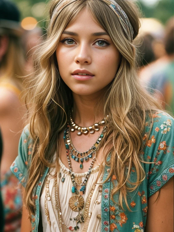 Imagine a beautiful 18 years old american hippie girl at the Woodstock concert in 1969, long wavy messy blonde hair with a hippe head band , blue-grey eyes, ultra realistic eyes, white skin, natural makeup, wearing hippie clothes, a summer dress, a worn jeans hippie jacket, pyschedelic jewelry, hippie earings, hippe necklace, ultra detailed face, ultra realistic skin, runner's body, small perky breasts, 8K, ultra high res.photorealistic, UHD close-up shot, lookingt at viewer, hovering gaze, stoned face, relaxed, (peace and love, woodstock 1969 vibes, outdoor rock concert in the background:1.3), RAW photo, sharp
