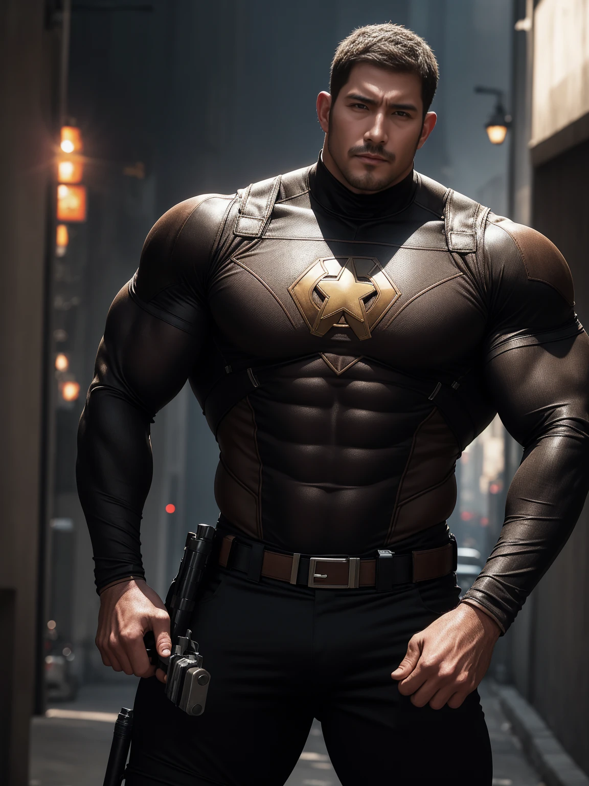 张嘴尖叫muscular police officer,  On the old-style outdoor streets, Wear a brown superhero bodysuit with long sleeves, Elastic spandex material，The expression is arrogant, Lift your chin, Messy hair, Thick thighs, Brown Superhero Bodysuit with Turtleneck and Long Sleeves, very tight, Regular symmetrical pattern, Highlight muscles, Police uniform pants, character concept（Resident Evil - Chris Redfield, Chris Redfield）A proud expression, Deep and charming eyes, Heroic male pose, tall Burly, muscular！muscular thighs, tough guy, perfect facial features, High, Burly, Heqiang, Super polished and cool, High Resolution Committee, Charismatic, The sun is blazing, dazzling
