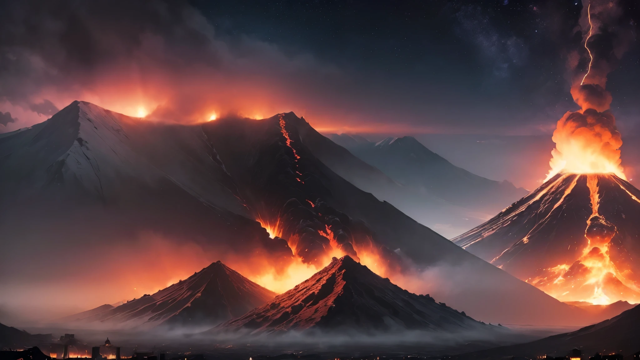 ((background only:2)),Best quality,8k、night、volcano、eruption、Magma outflow:1.5、disaster、disaster,tornado.dark atmosphere,depressive,despair atmosphere,downer atmosphere,from front,(darkness:1.6)