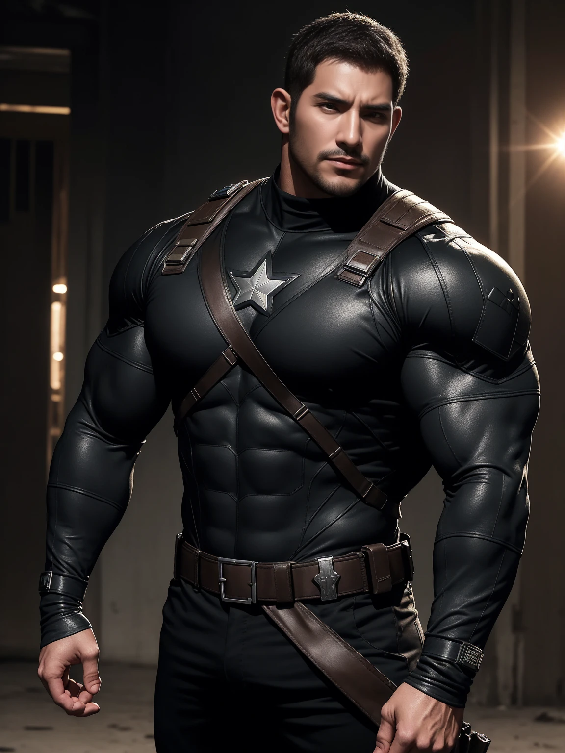 张嘴尖叫muscular police officer,  On the old-style outdoor streets, Wear a brown superhero bodysuit with long sleeves, Elastic spandex material，The expression is arrogant, Lift your chin, Messy hair, Thick thighs, Brown Superhero Bodysuit with Turtleneck and Long Sleeves, very tight, Regular symmetrical pattern, Highlight muscles, Police uniform pants, character concept（Resident Evil - Chris Redfield, Chris Redfield）A proud expression, Deep and charming eyes, Heroic male pose, tall Burly, muscular！muscular thighs, tough guy, perfect facial features, High, Burly, Heqiang, Super polished and cool, High Resolution Committee, Charismatic, The sun is blazing, dazzling