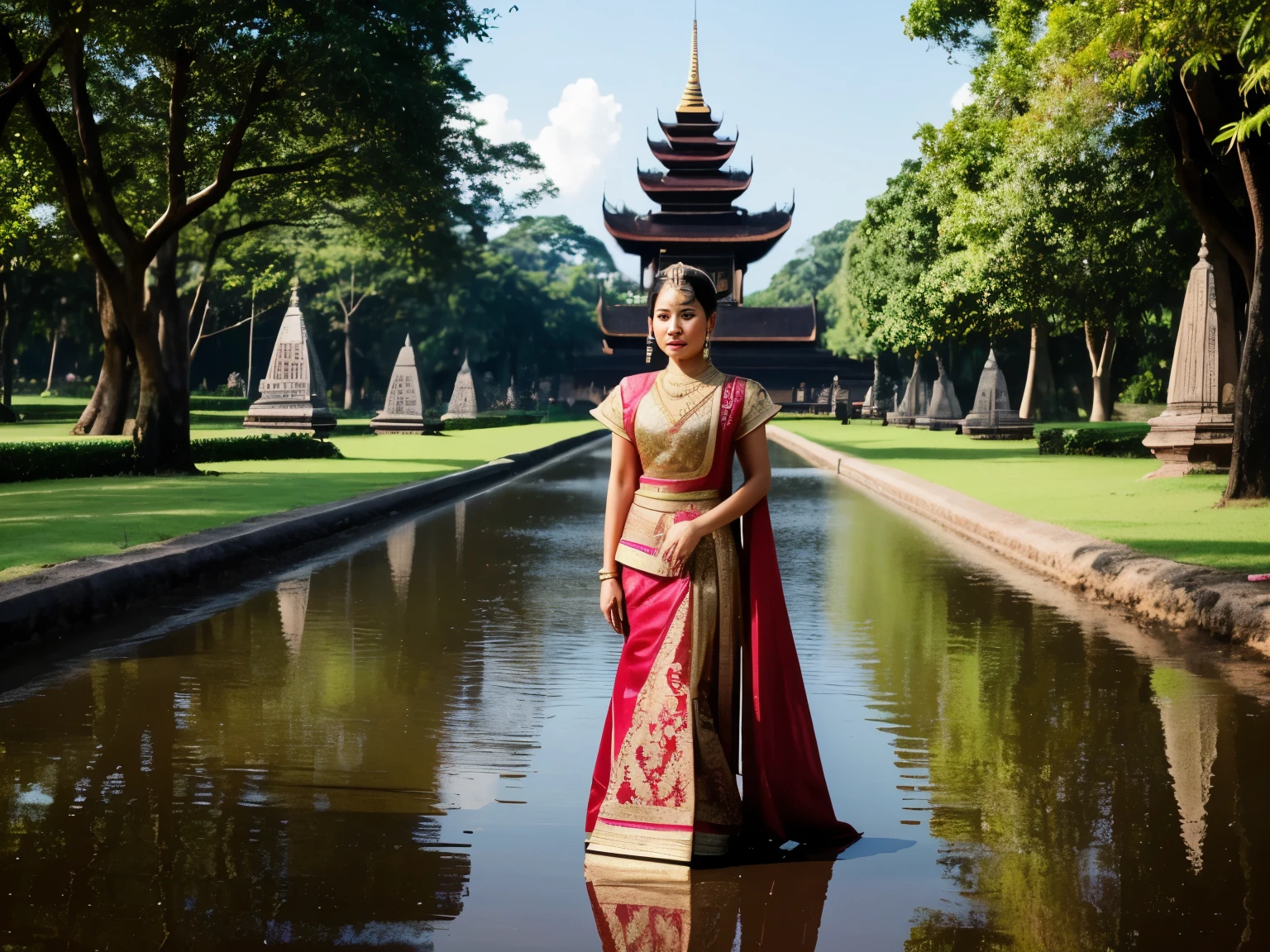 A Queen from traditional Javanese royal attire appealing and convey a professional impression, majestic and graceful, reflecting the power and elegance of a queen. The background should incorporate elements such as the entire army of her royal guard, the royal palace, trees, and a dramatic sky. The colors used should reflect the richness and beauty of the Javanese kingdom.