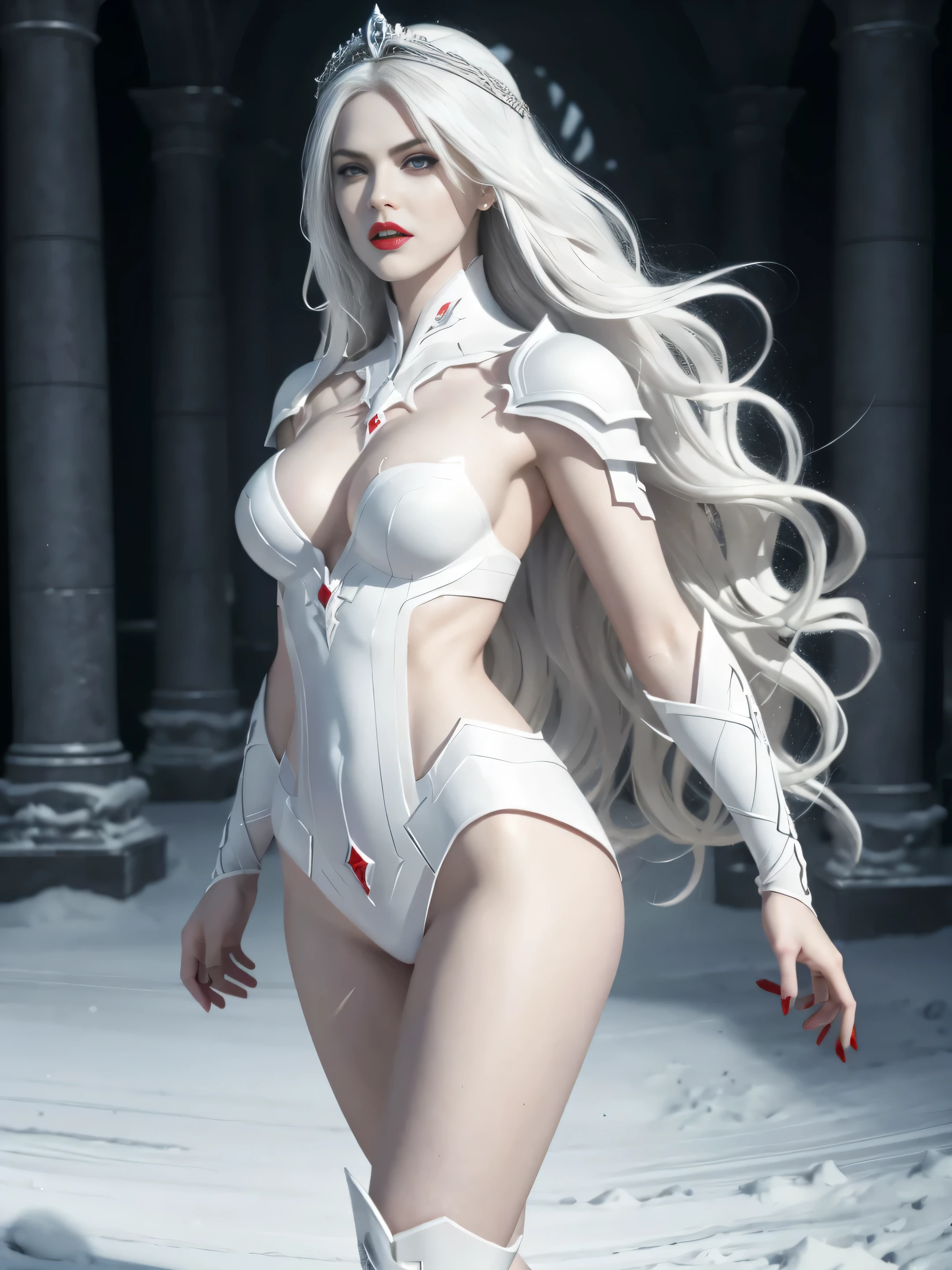 Upscale full body, Expansive landscapes, dark fantasy evil superheroine alias White Princess, beautiful pale face, gray long hair, hazel eyes, red lips, pale white skin, realistic skin texture, white silver body armor, white boots, vibrant colors, elaborate small details, 3d effect, octane render, cinematic, dynamic movement, ultra realistic